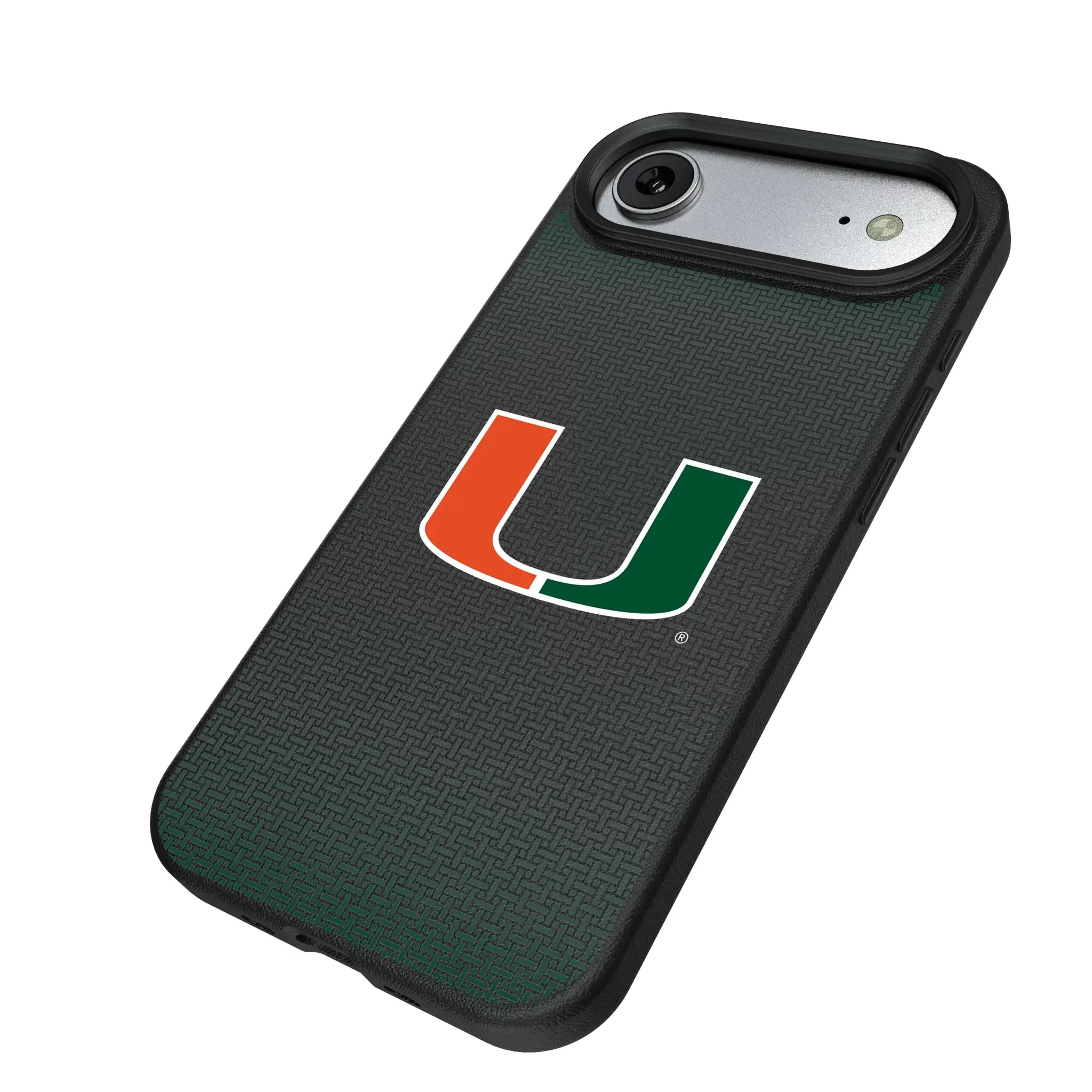 University of Miami Hurricanes Linen iPhone MagSafe Compatible Phone Case for Apple iPhone - Isometric View#Device_iPhone Air