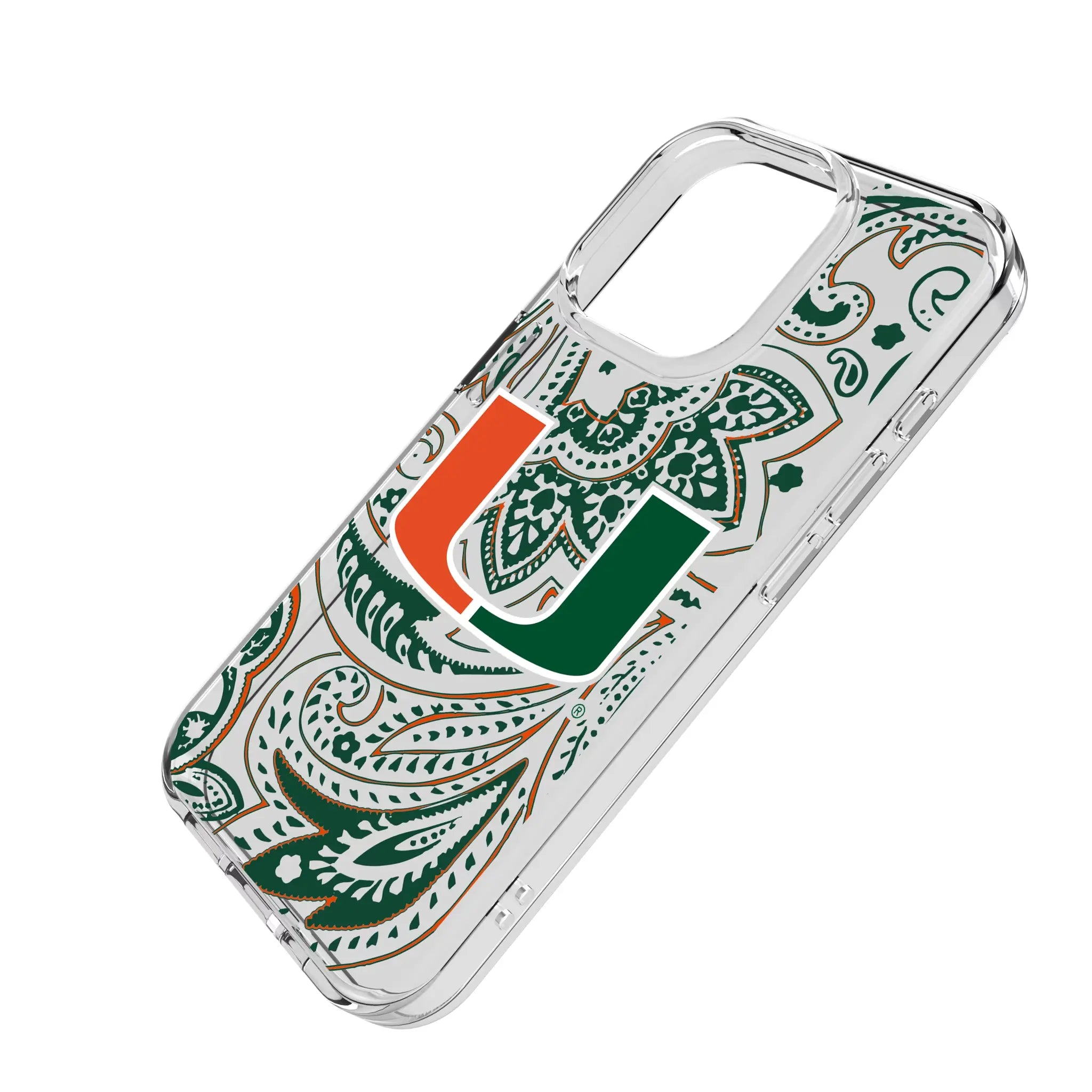 University of Miami Hurricanes Paisley iPhone Clear Phone Case for Apple iPhone - Isometric View