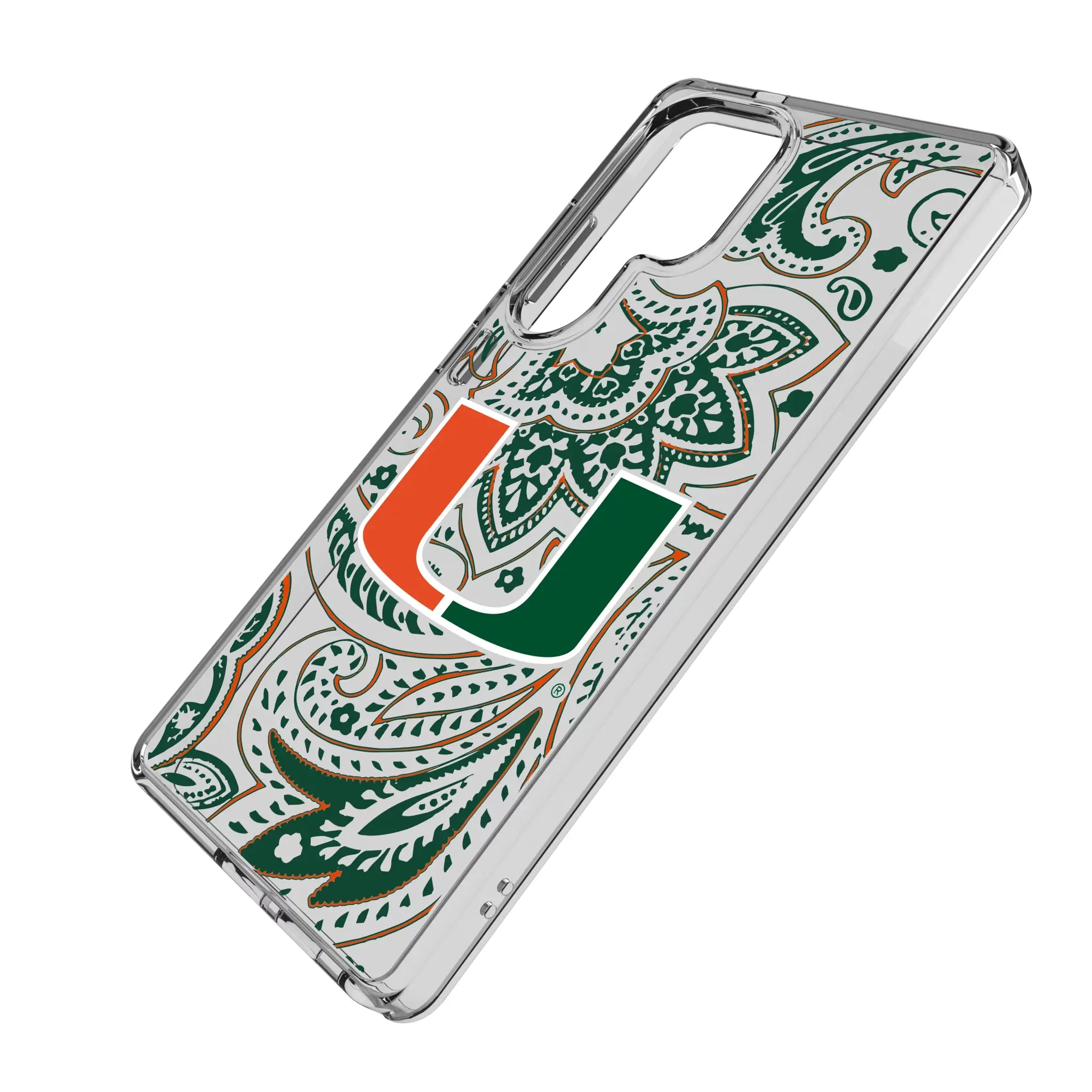 University of Miami Hurricanes Paisley Galaxy Clear Phone Case for Samsung Galaxy - Isometric View#Device_Galaxy S25 Ultra