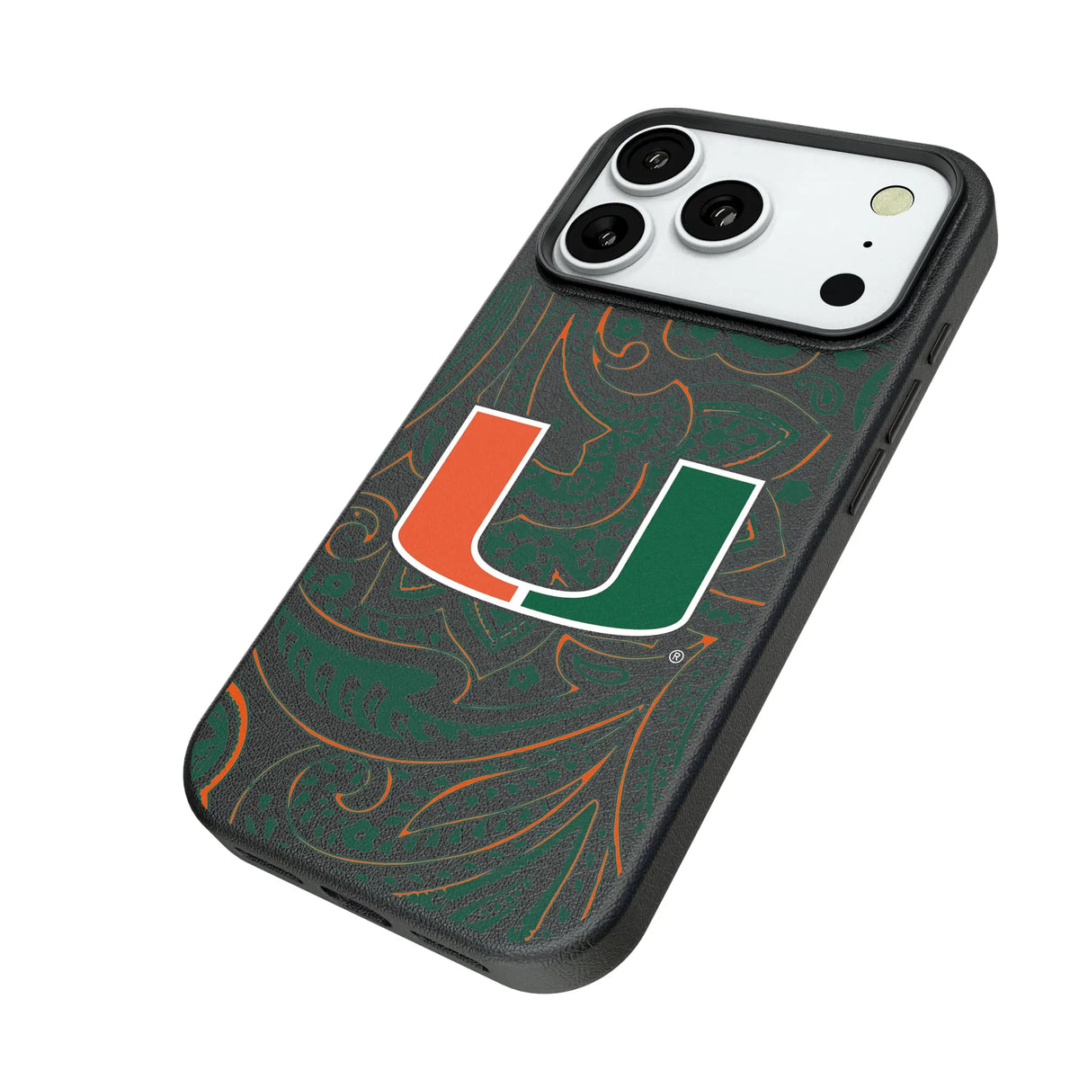 University of Miami Hurricanes Paisley iPhone MagSafe Compatible Phone Case for Apple iPhone - Isometric View#Device_iPhone 18 Pro