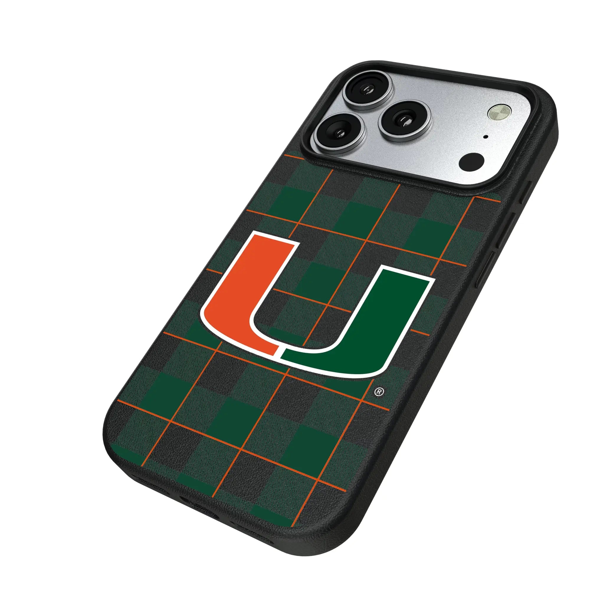 University of Miami Hurricanes Plaid iPhone MagSafe Compatible Phone Case for Apple iPhone - Isometric View#Device_iPhone 17 Pro