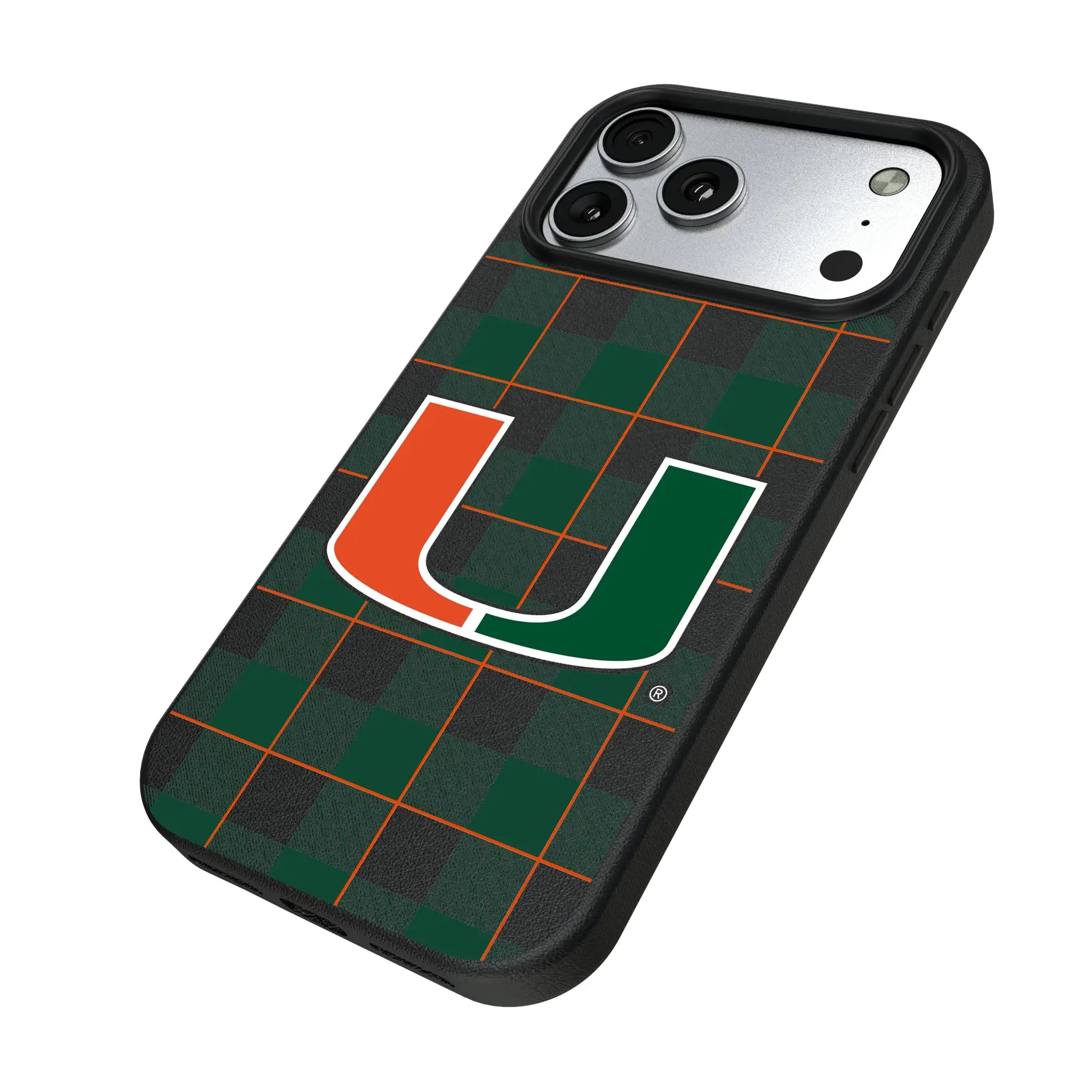 University of Miami Hurricanes Plaid iPhone MagSafe Compatible Phone Case for Apple iPhone - Isometric View#Device_iPhone 17 Pro Max