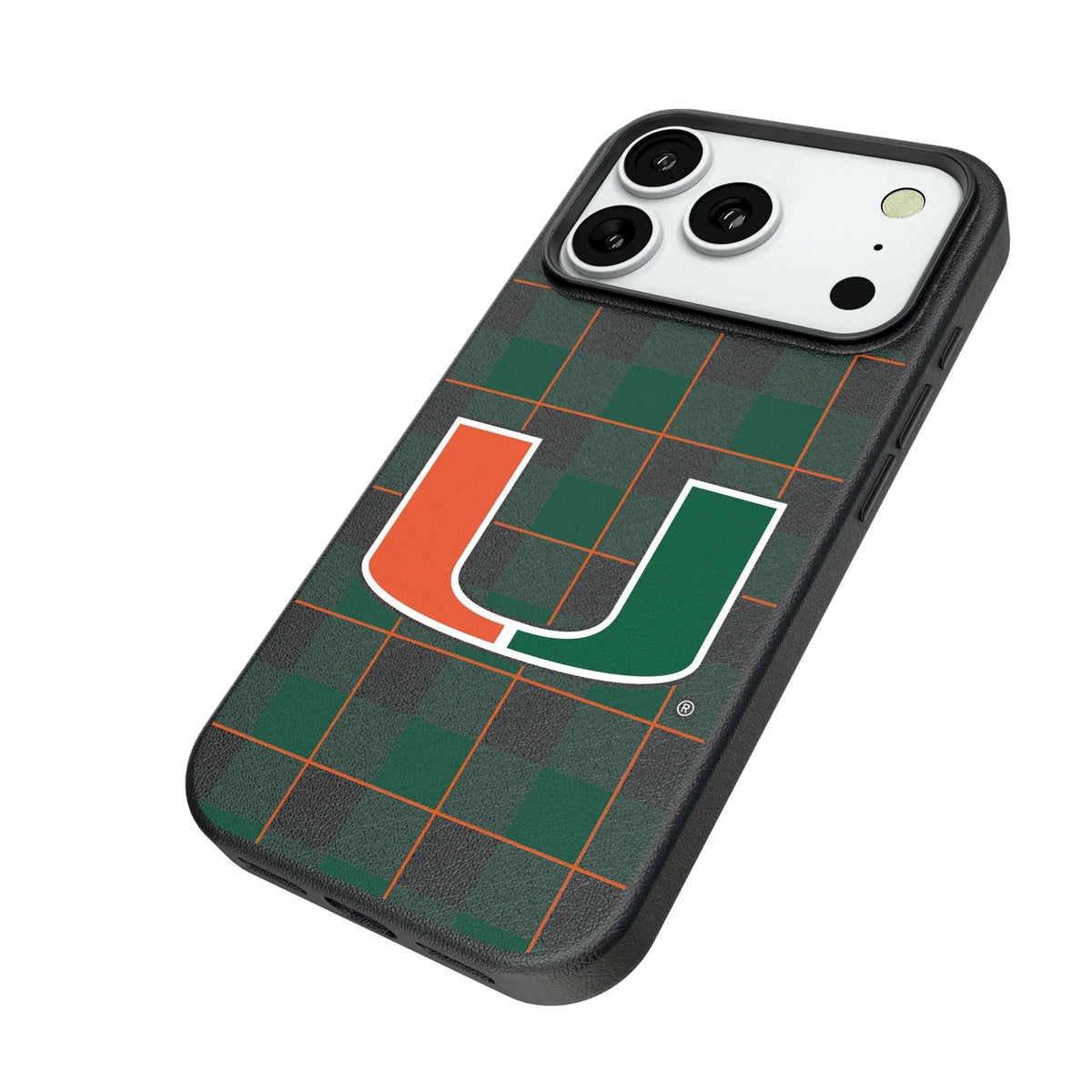 University of Miami Hurricanes Plaid iPhone MagSafe Compatible Phone Case for Apple iPhone - Isometric View#Device_iPhone 18 Pro