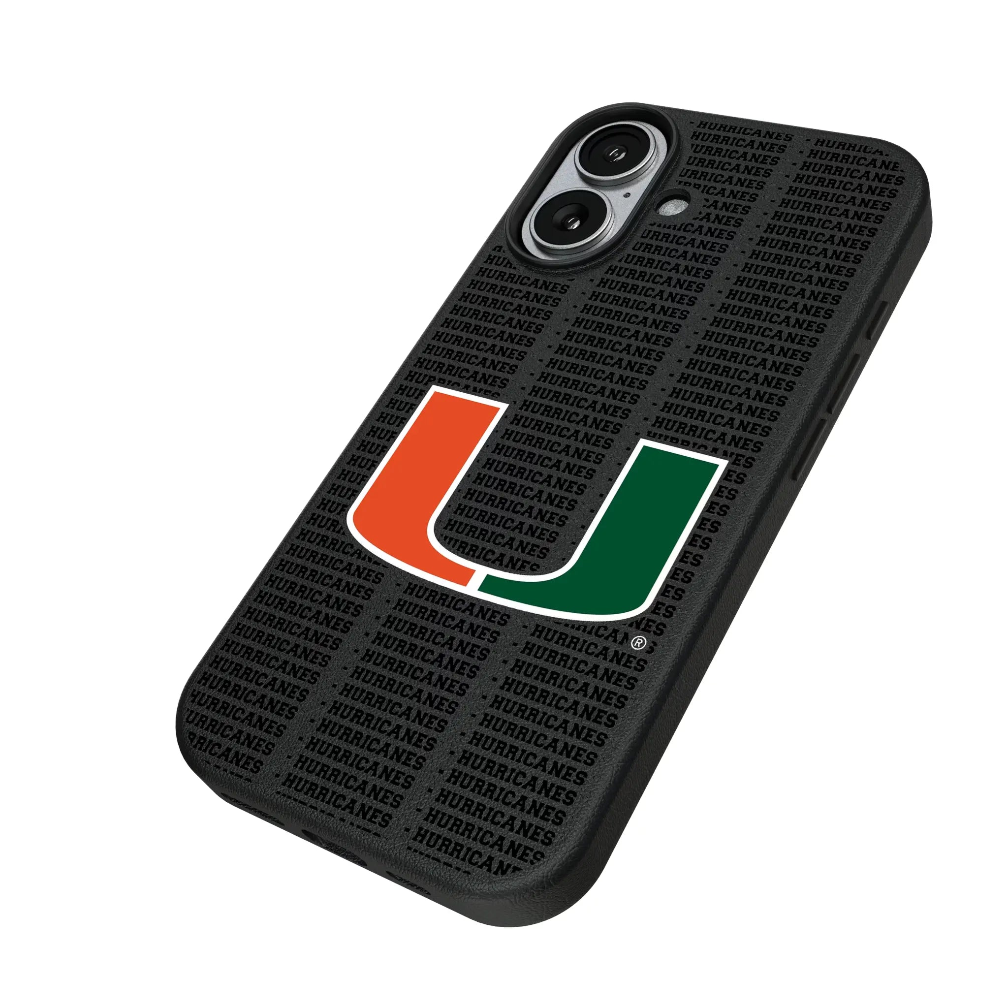 University of Miami Hurricanes Text Backdrop iPhone MagSafe Compatible Phone Case for Apple iPhone - Isometric View#Device_iPhone 17