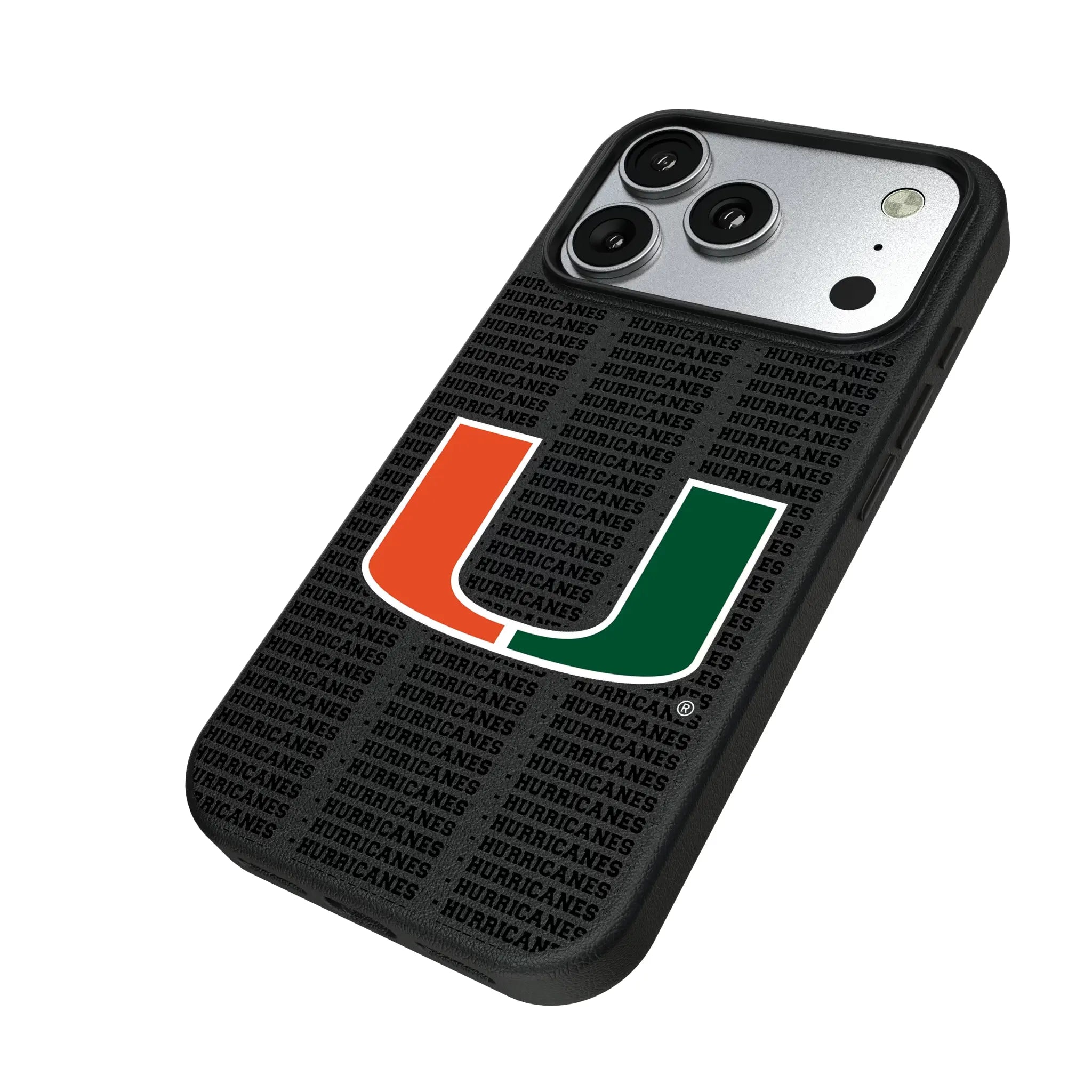 University of Miami Hurricanes Text Backdrop iPhone MagSafe Compatible Phone Case for Apple iPhone - Isometric View#Device_iPhone 17 Pro