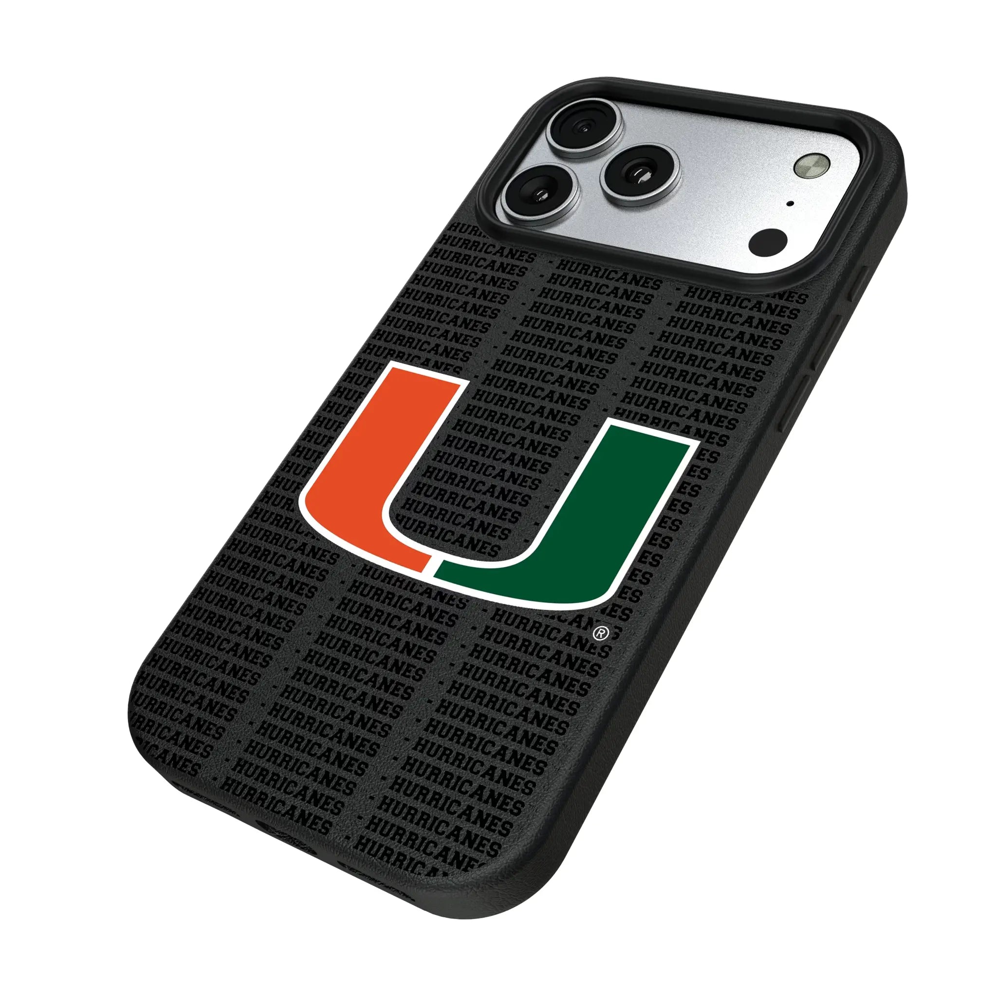 University of Miami Hurricanes Text Backdrop iPhone MagSafe Compatible Phone Case for Apple iPhone - Isometric View#Device_iPhone 17 Pro Max