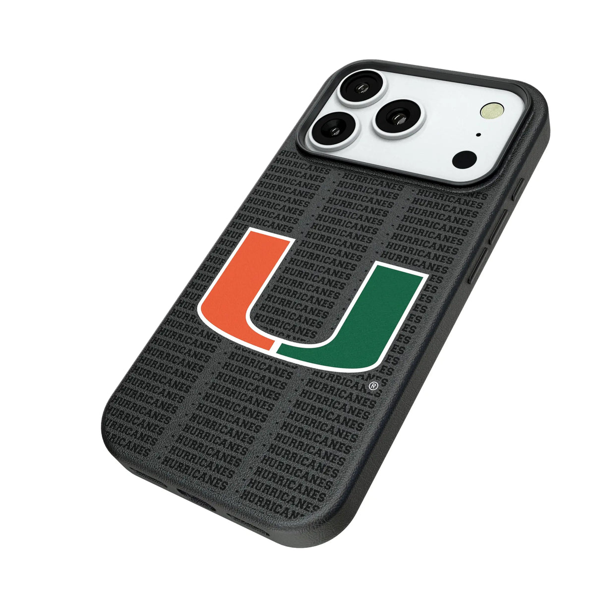University of Miami Hurricanes Text Backdrop iPhone MagSafe Compatible Phone Case for Apple iPhone - Isometric View#Device_iPhone 18 Pro