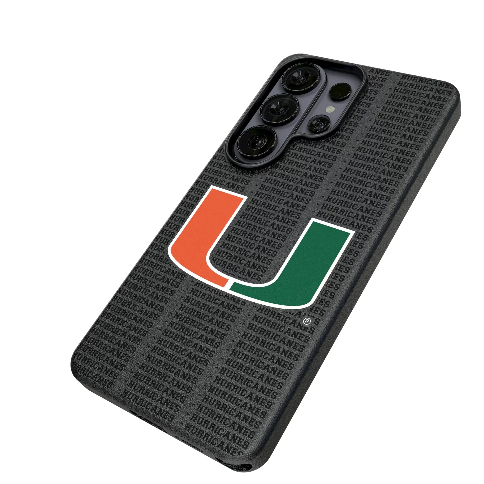 University of Miami Hurricanes Text Backdrop Galaxy MagSafe Compatible Phone Case for Samsung Galaxy - Isometric View#Device_Galaxy S26 Ultra