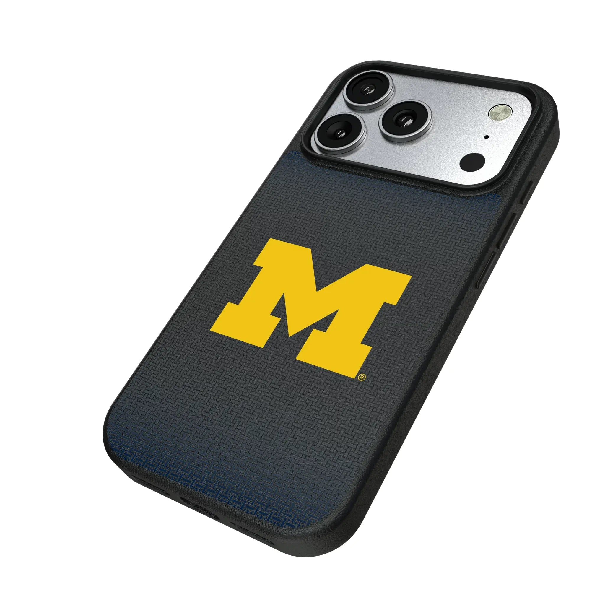 University of Michigan Wolverines Linen iPhone MagSafe Compatible Phone Case for Apple iPhone - Isometric View#Device_iPhone 17 Pro