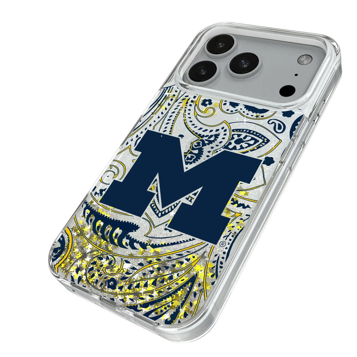 University of Michigan Wolverines Paisley iPhone Glitter Phone Case for Apple iPhone - Isometric View#Device_iPhone 18 Pro