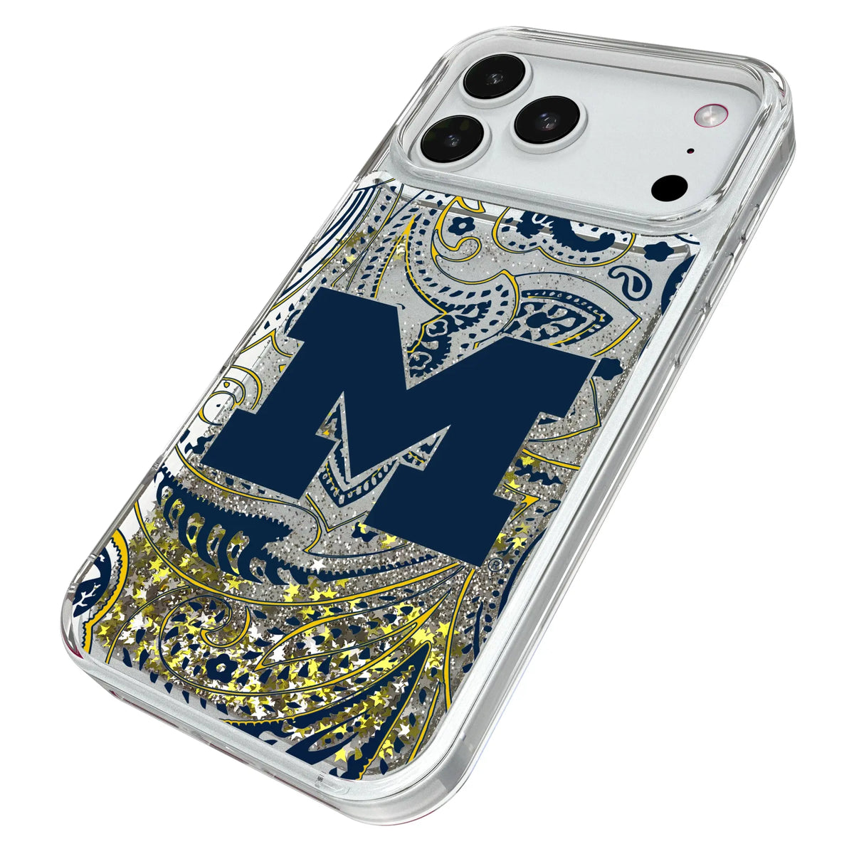 University of Michigan Wolverines Paisley iPhone Glitter Phone Case for Apple iPhone - Isometric View#Device_iPhone 18 Pro Max