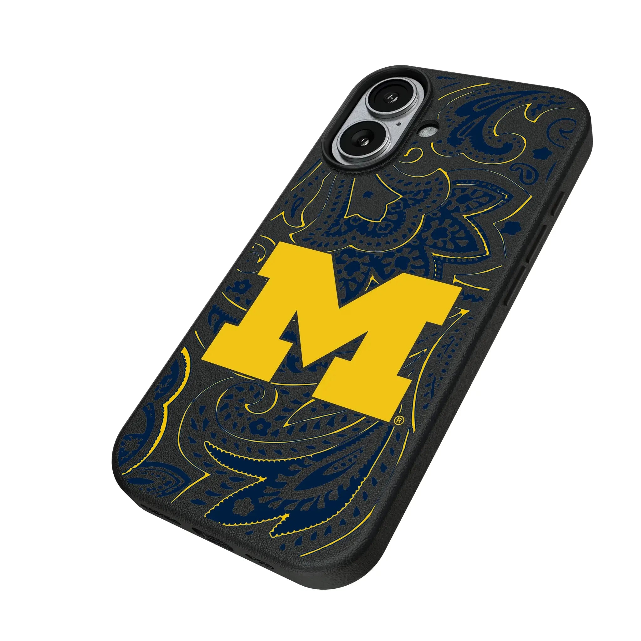 University of Michigan Wolverines Paisley iPhone MagSafe Compatible Phone Case for Apple iPhone - Isometric View#Device_iPhone 17