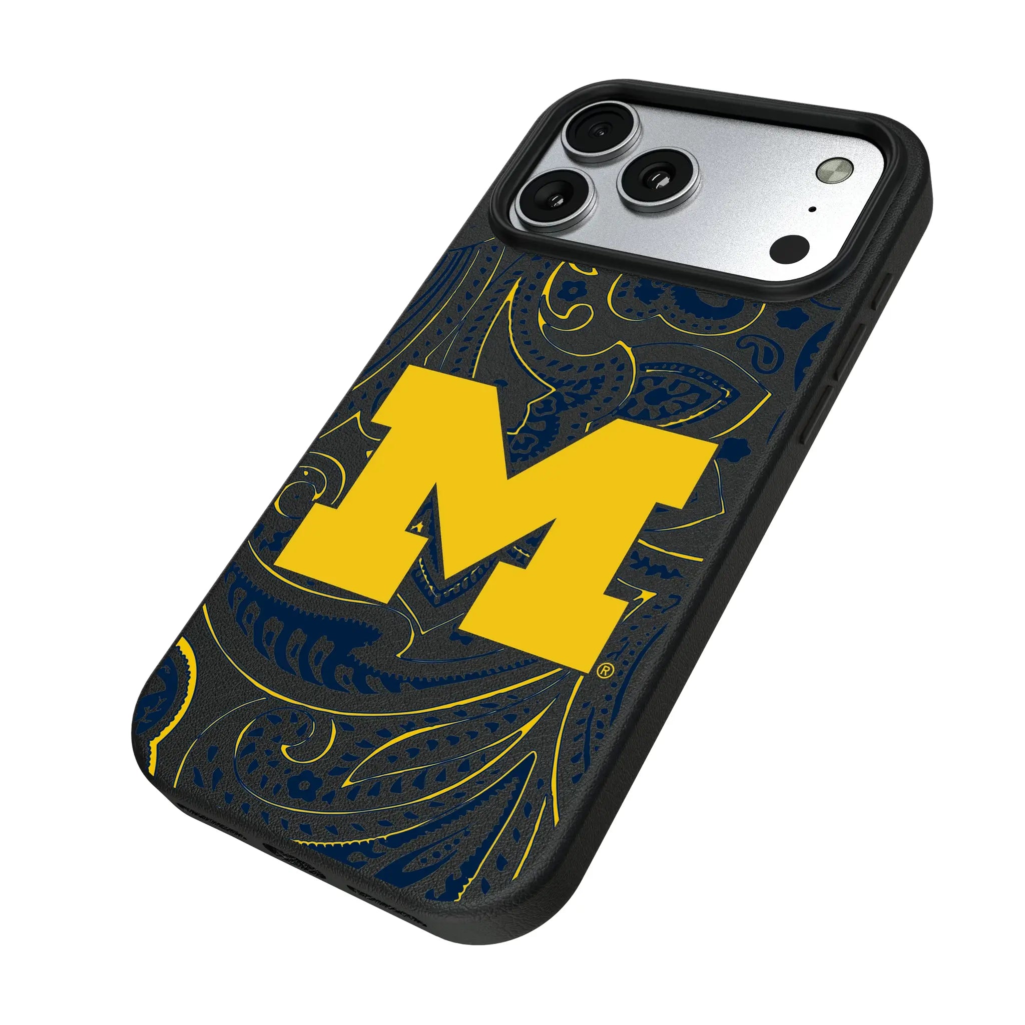 University of Michigan Wolverines Paisley iPhone MagSafe Compatible Phone Case for Apple iPhone - Isometric View#Device_iPhone 17 Pro Max