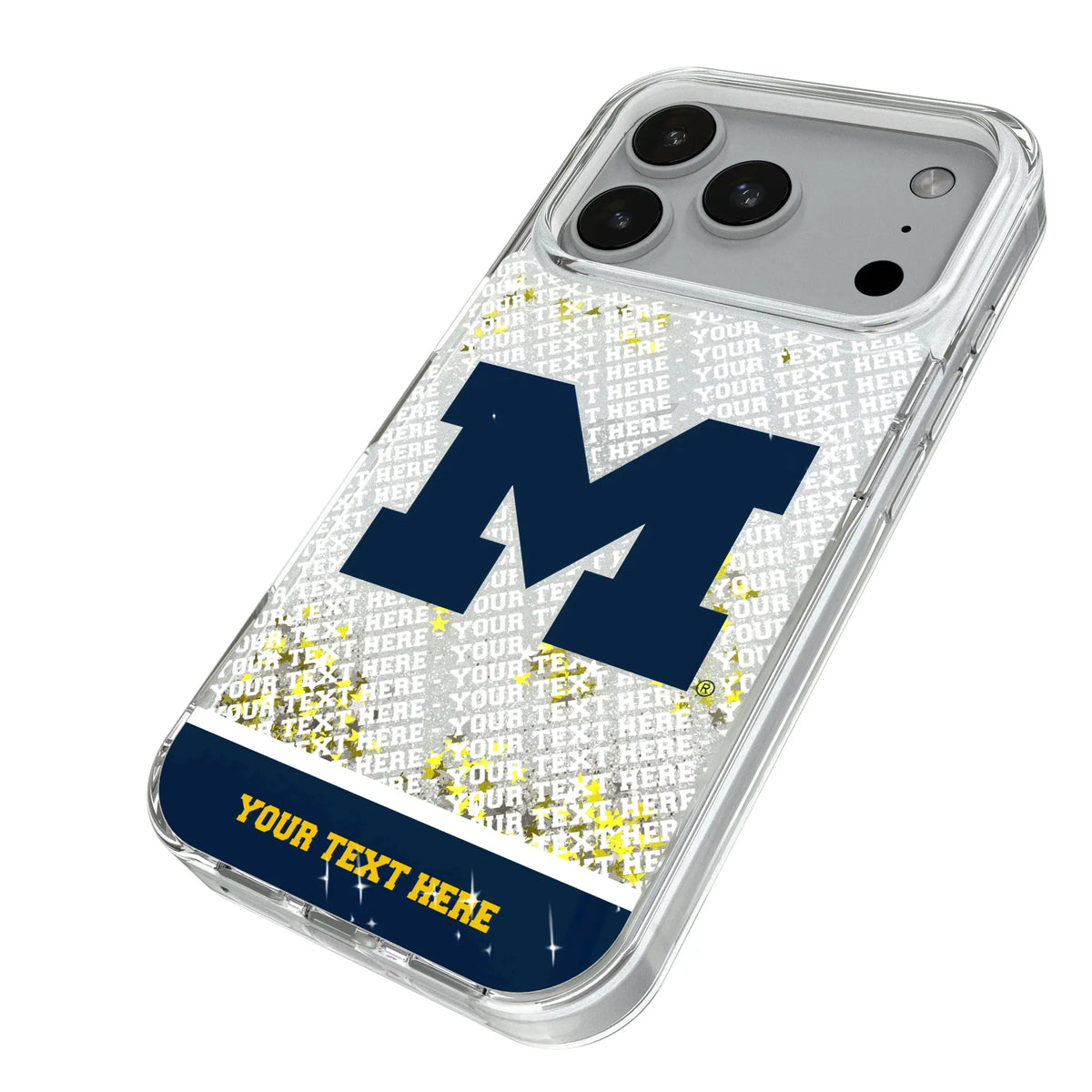 University of Michigan Wolverines Personalized EndZone Plus iPhone Glitter Phone Case for Apple iPhone - Isometric View#Device_iPhone 18 Pro