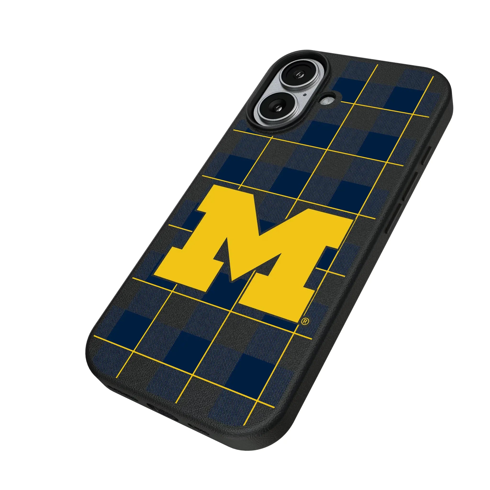 University of Michigan Wolverines Plaid iPhone MagSafe Compatible Phone Case for Apple iPhone - Isometric View#Device_iPhone 17