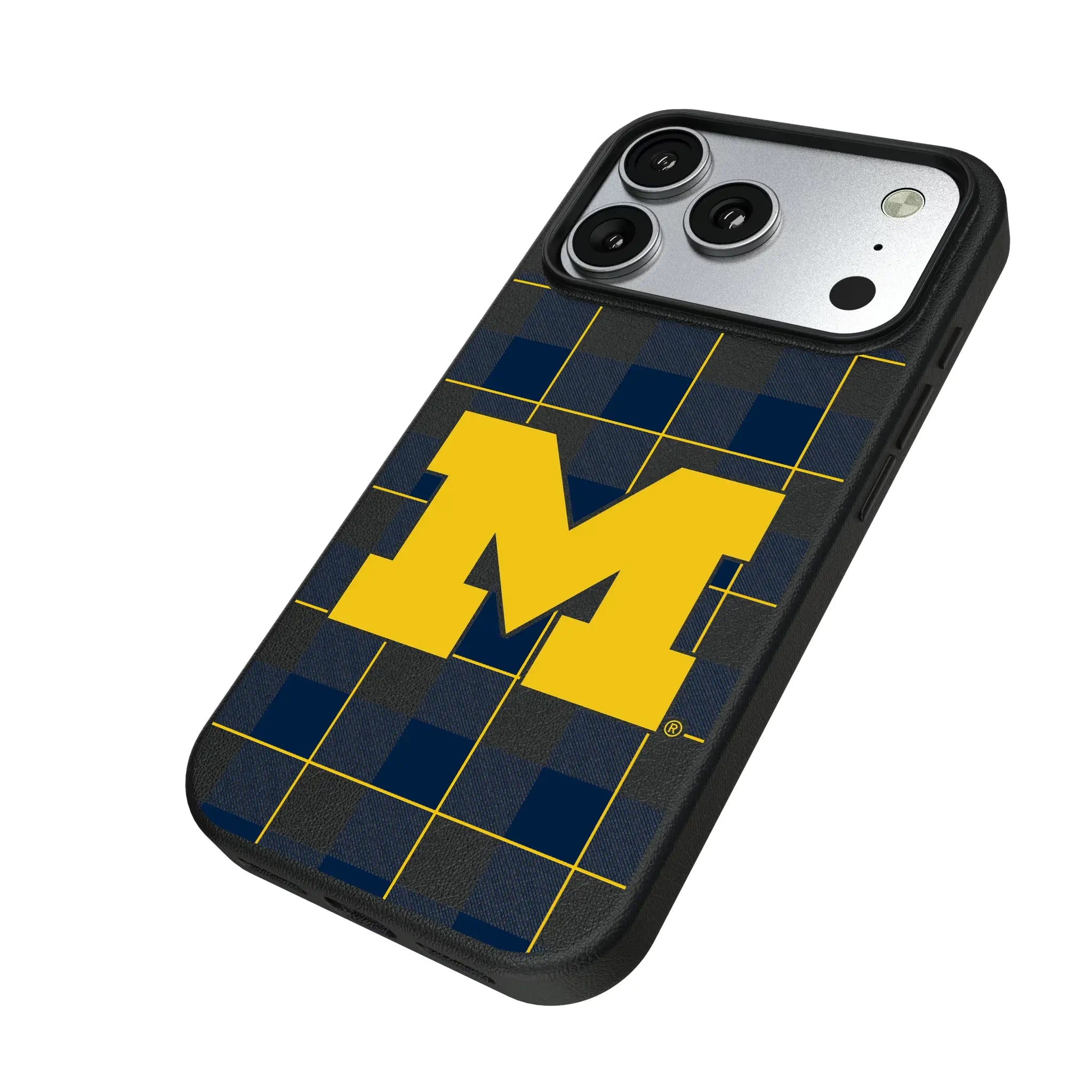 University of Michigan Wolverines Plaid iPhone MagSafe Compatible Phone Case for Apple iPhone - Isometric View#Device_iPhone 17 Pro