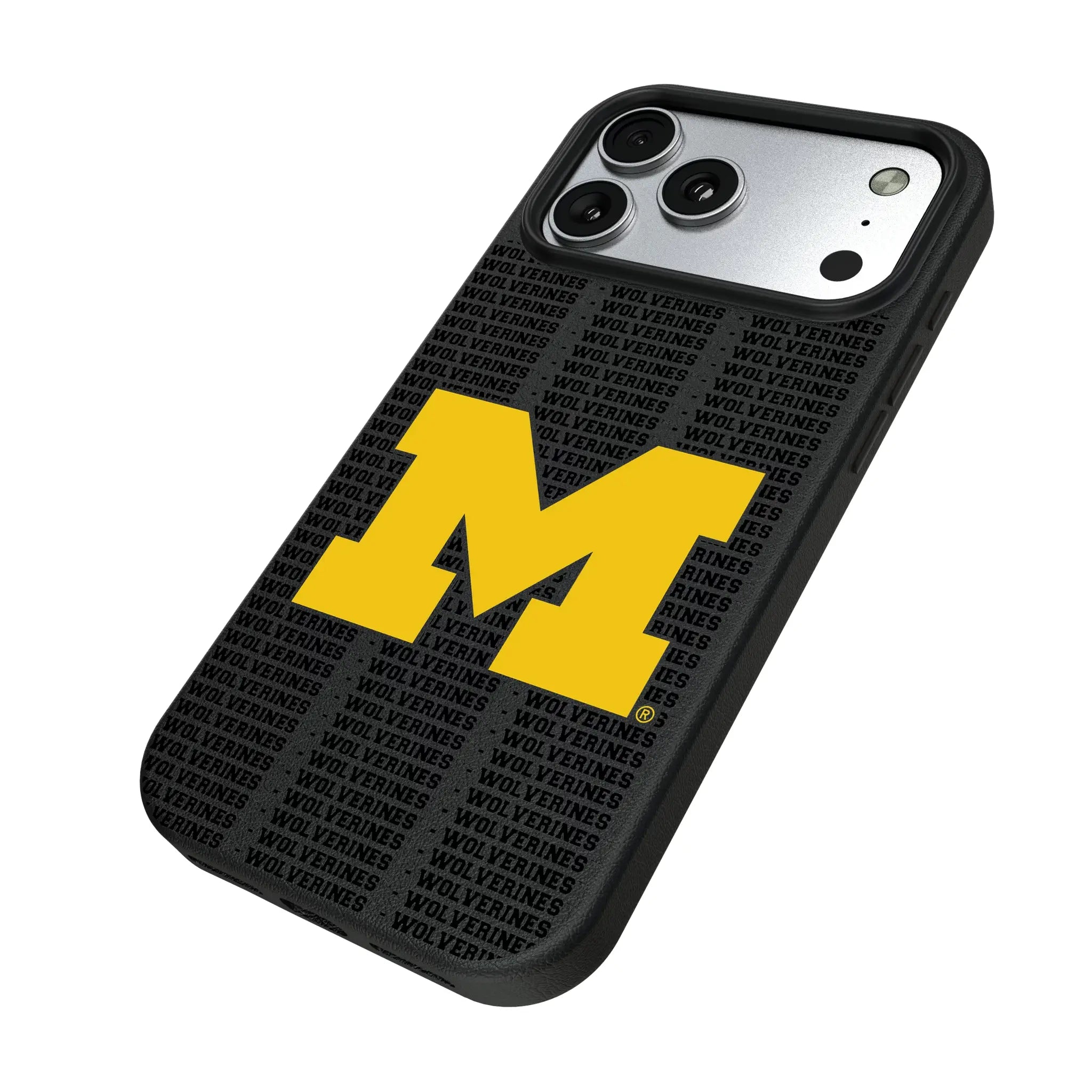 University of Michigan Wolverines Text Backdrop iPhone MagSafe Compatible Phone Case for Apple iPhone - Isometric View#Device_iPhone 17 Pro Max