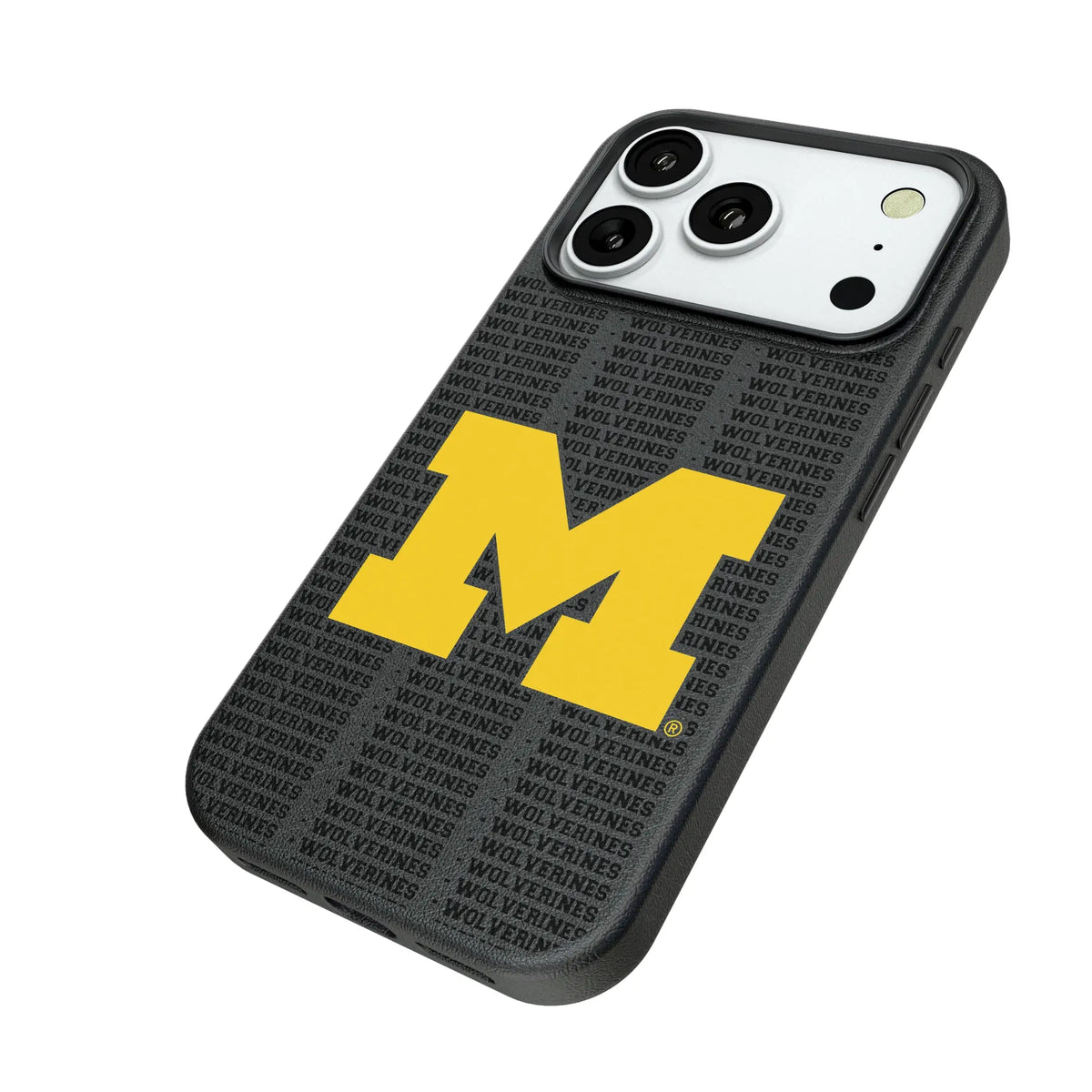 University of Michigan Wolverines Text Backdrop iPhone MagSafe Compatible Phone Case for Apple iPhone - Isometric View#Device_iPhone 18 Pro