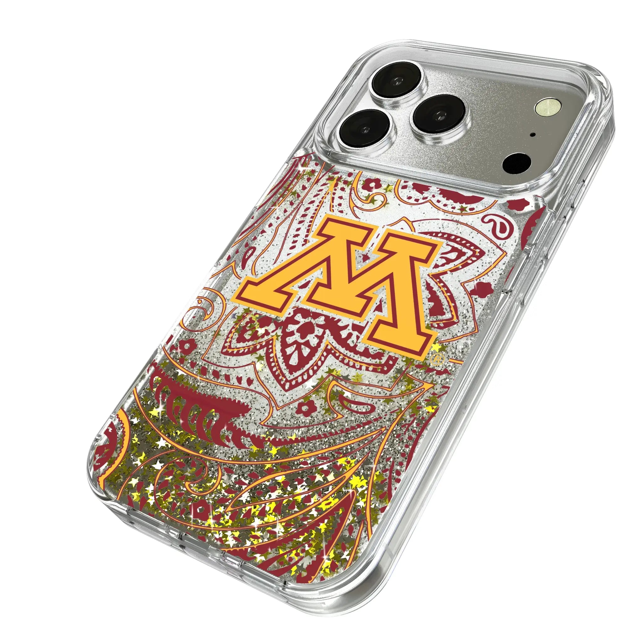 University of Minnesota Golden Gophers Paisley iPhone Glitter Phone Case for Apple iPhone - Isometric View