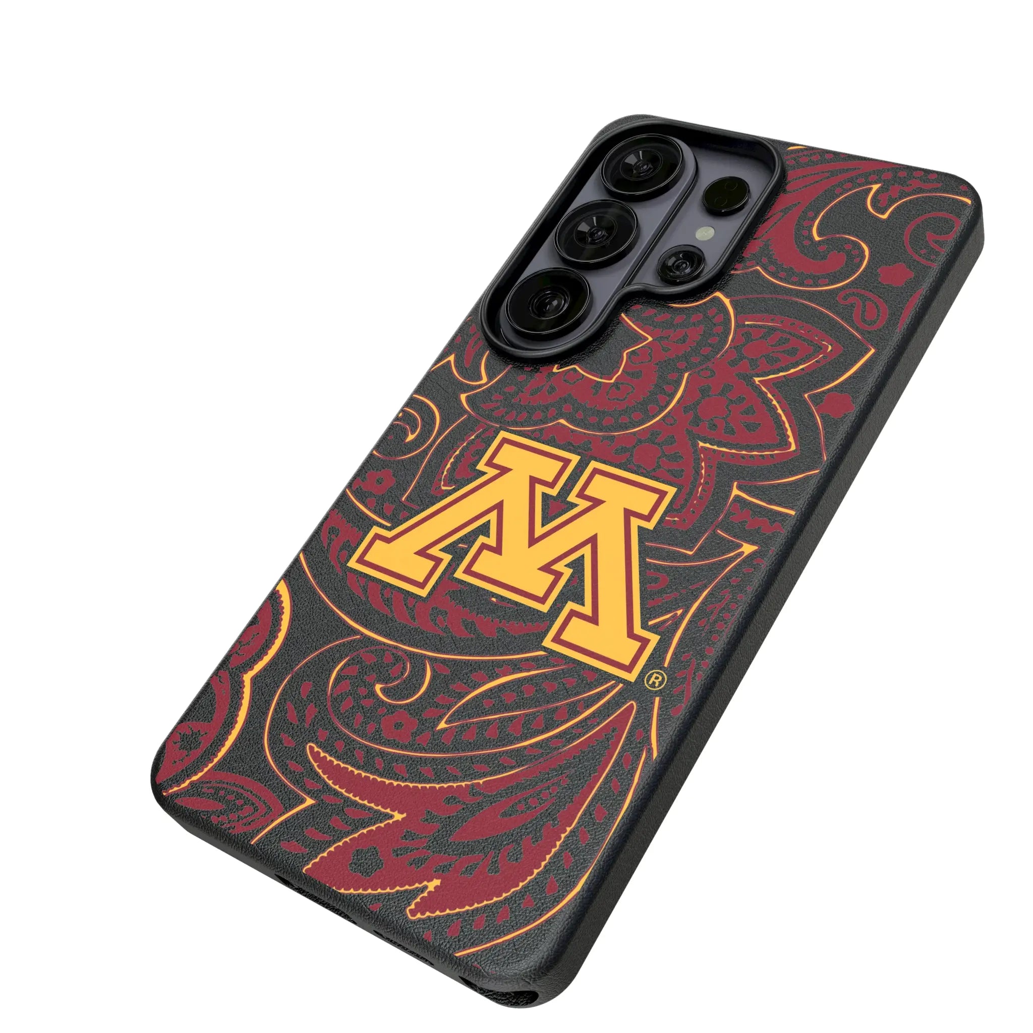 University of Minnesota Golden Gophers Paisley Galaxy MagSafe Compatible Phone Case for Samsung Galaxy - Isometric View#Device_Galaxy S26 Ultra