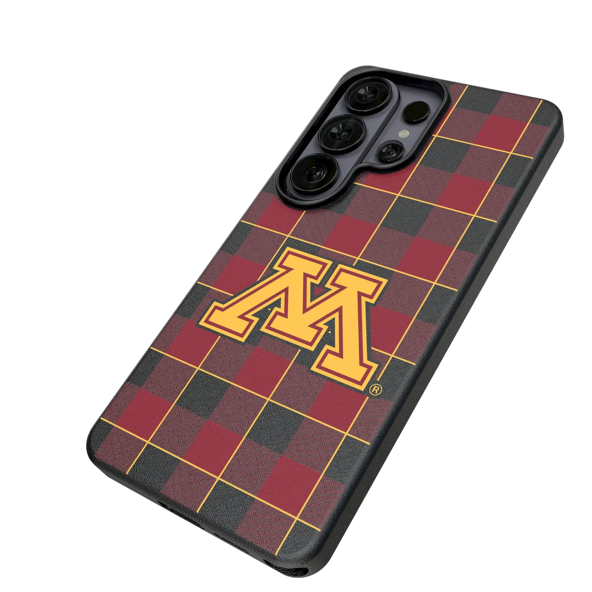University of Minnesota Golden Gophers Plaid Galaxy MagSafe Compatible Phone Case for Samsung Galaxy - Isometric View#Device_Galaxy S26 Ultra