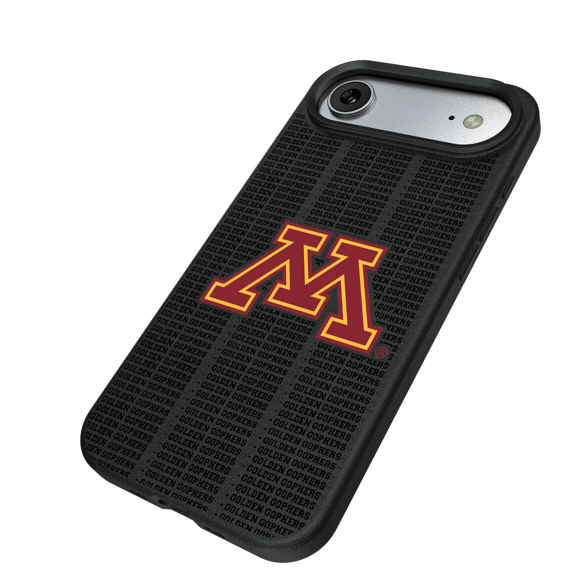 University of Minnesota Golden Gophers Text Backdrop iPhone MagSafe Compatible Phone Case for Apple iPhone - Isometric View#Device_iPhone Air