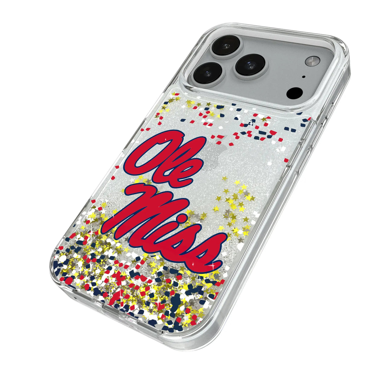University of Mississippi Rebels Confetti iPhone Glitter Phone Case for Apple iPhone - Isometric View#Device_iPhone 18 Pro
