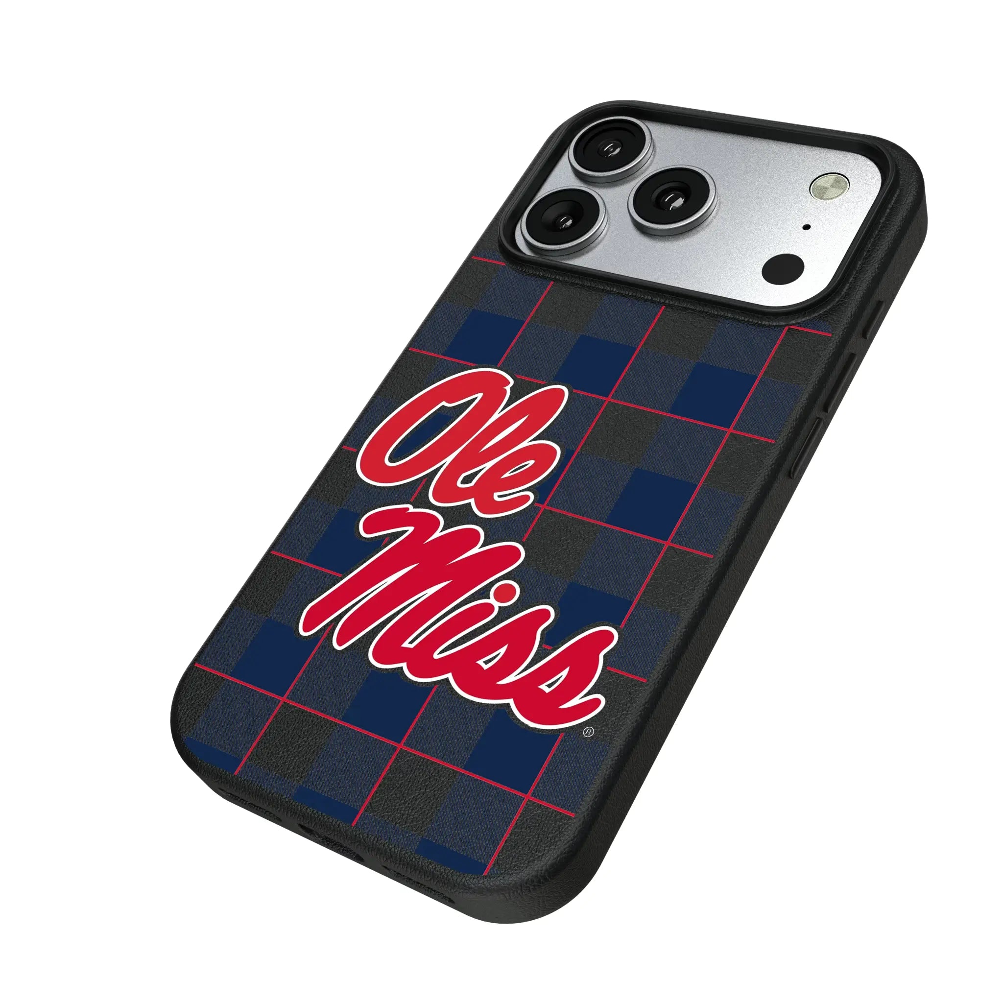 University of Mississippi Rebels Plaid iPhone MagSafe Compatible Phone Case for Apple iPhone - Isometric View#Device_iPhone 17 Pro