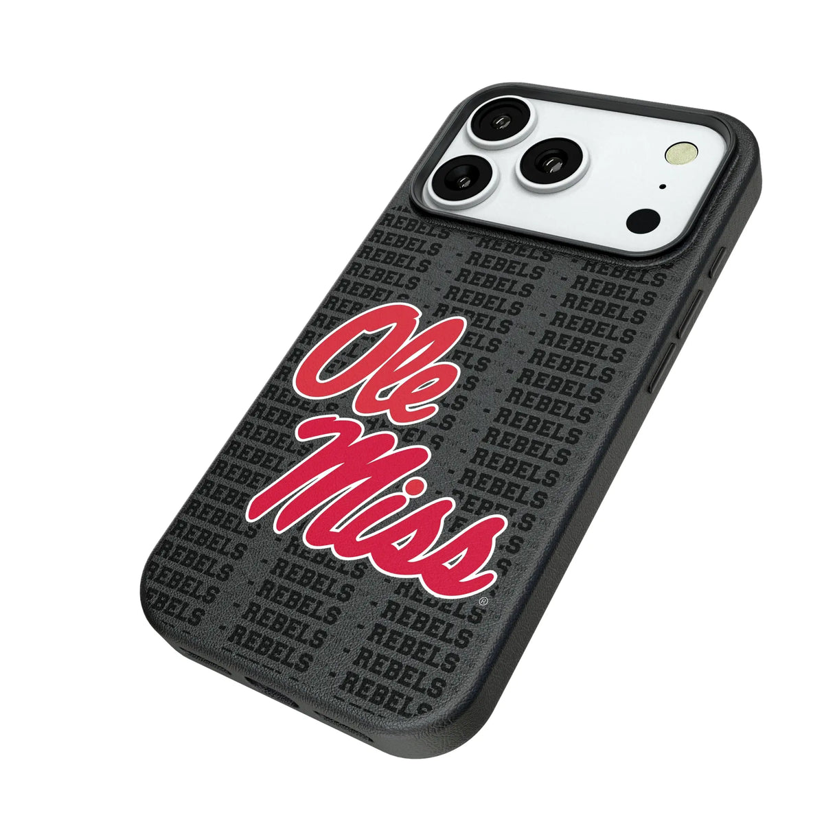 University of Mississippi Rebels Text Backdrop iPhone MagSafe Compatible Phone Case for Apple iPhone - Isometric View#Device_iPhone 18 Pro