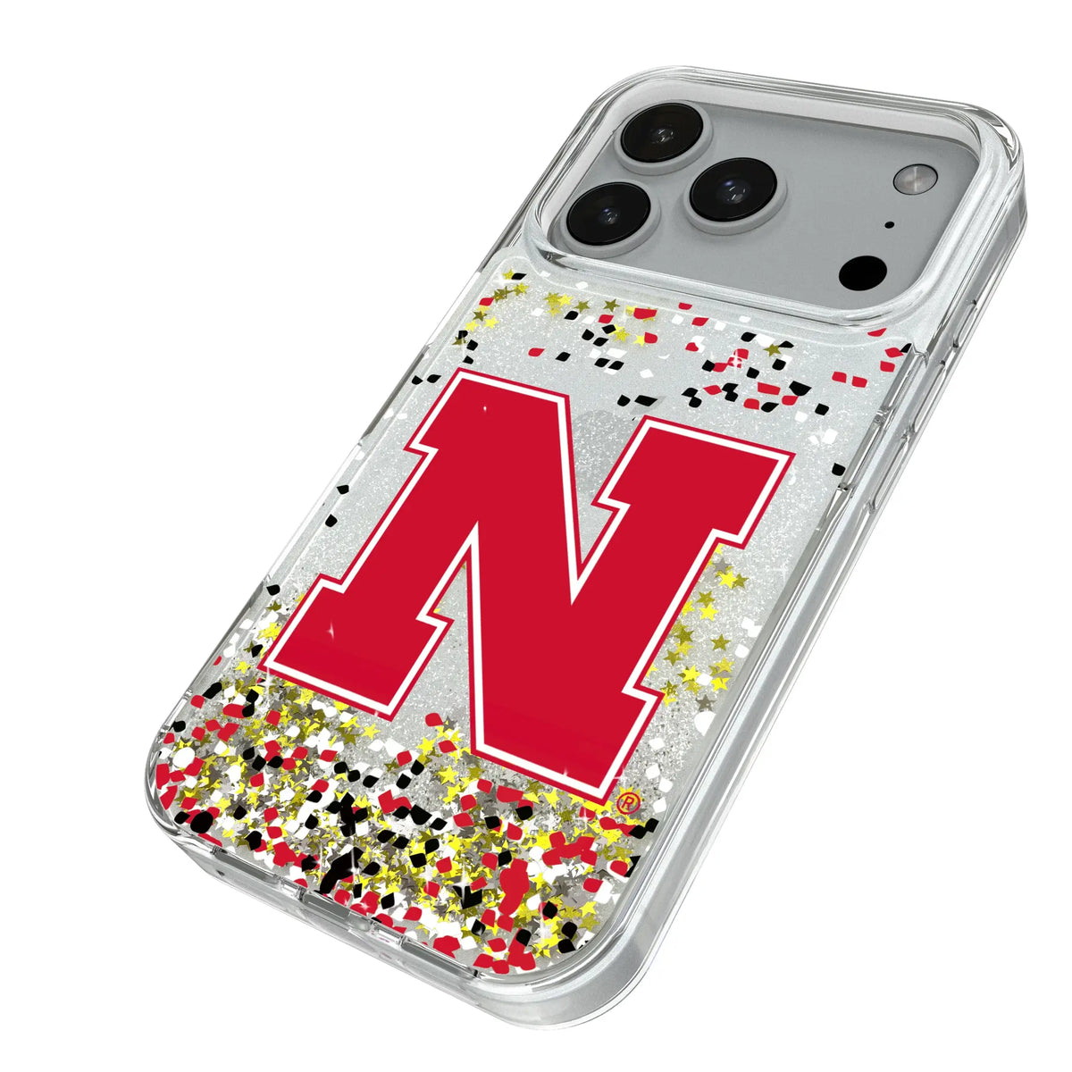 University of Nebraska Huskers Block N Confetti iPhone Glitter Phone Case for Apple iPhone - Isometric View#Device_iPhone 18 Pro