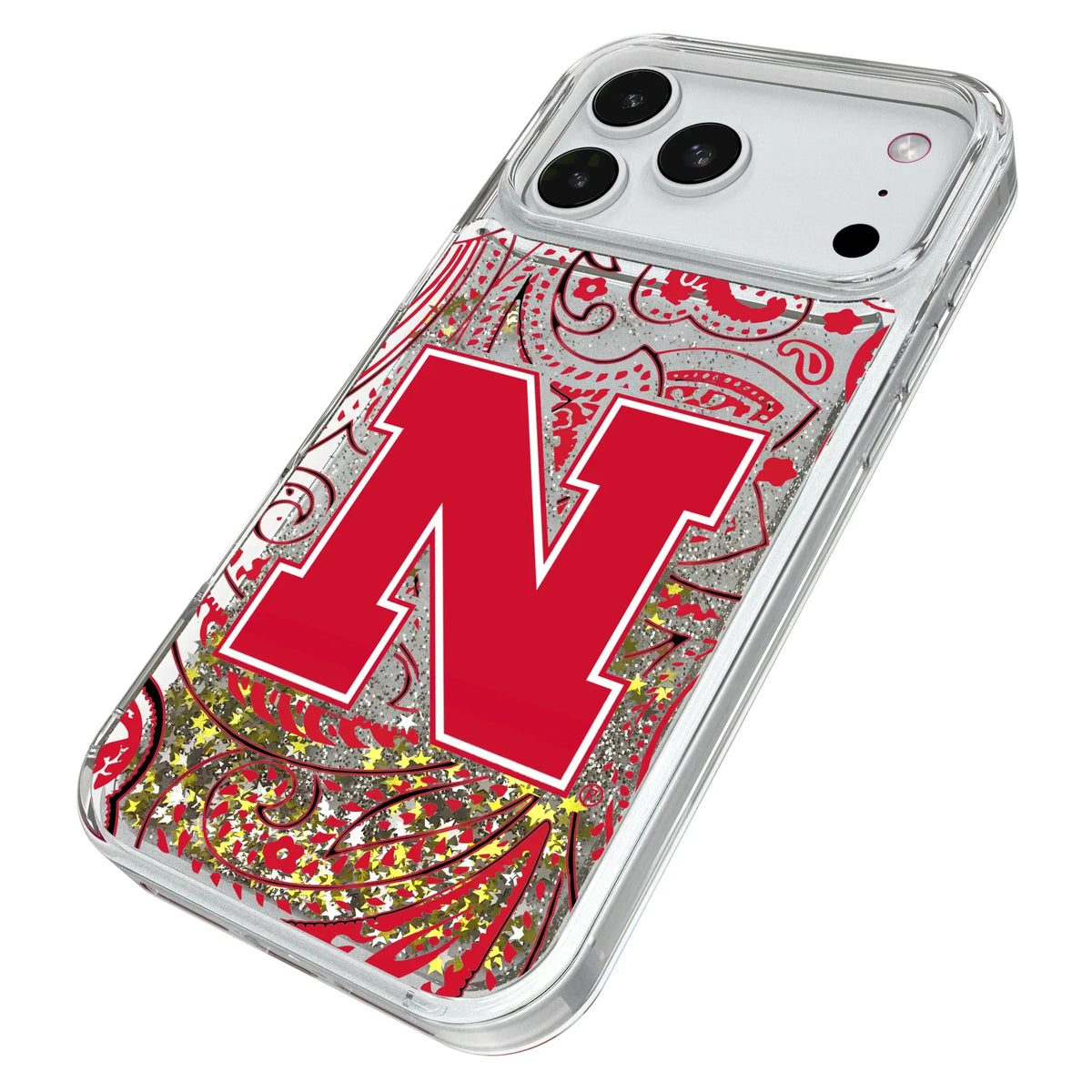 University of Nebraska Huskers Block N Paisley iPhone Glitter Phone Case for Apple iPhone - Isometric View#Device_iPhone 18 Pro Max