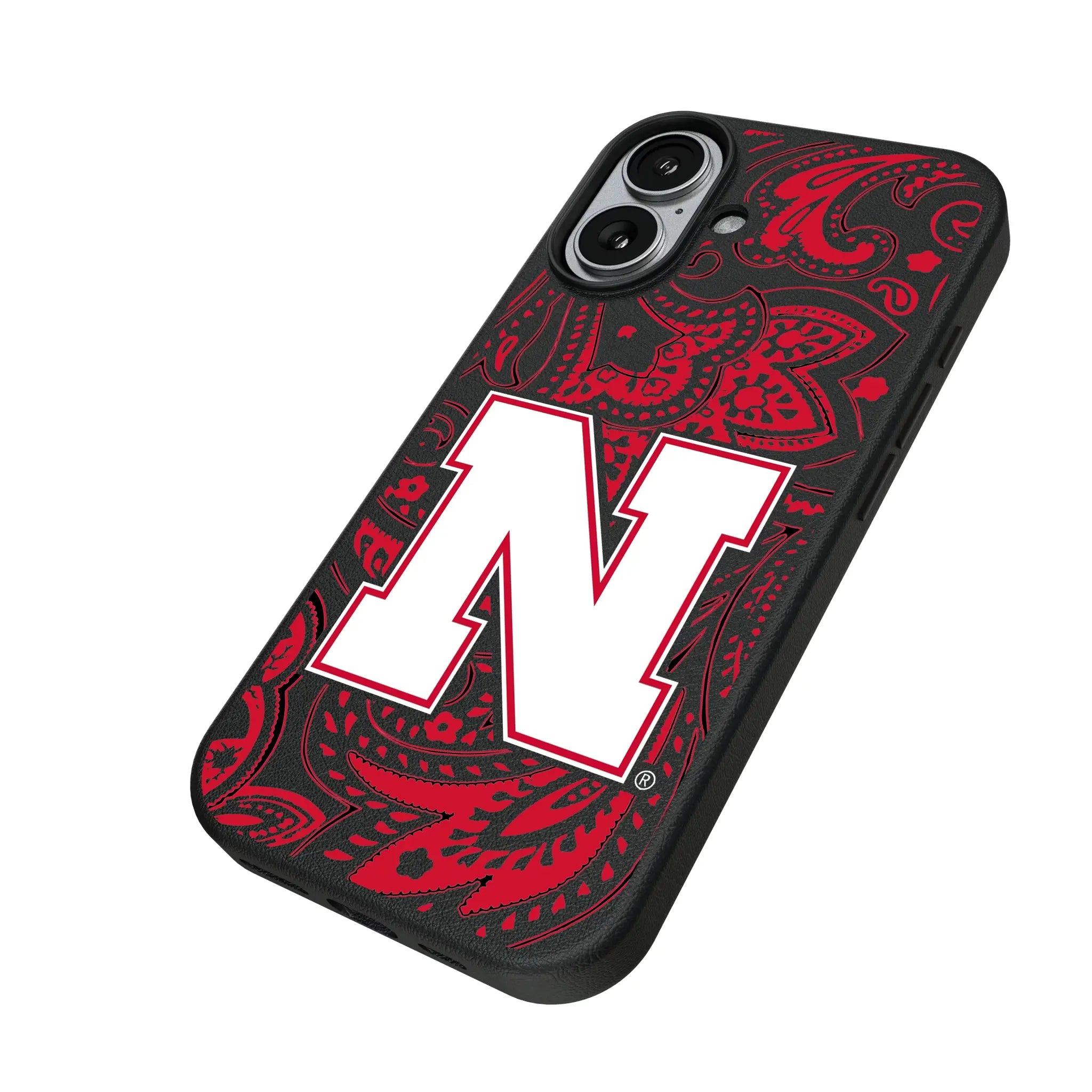 University of Nebraska Huskers Block N Paisley iPhone MagSafe Compatible Phone Case for Apple iPhone - Isometric View#Device_iPhone 17