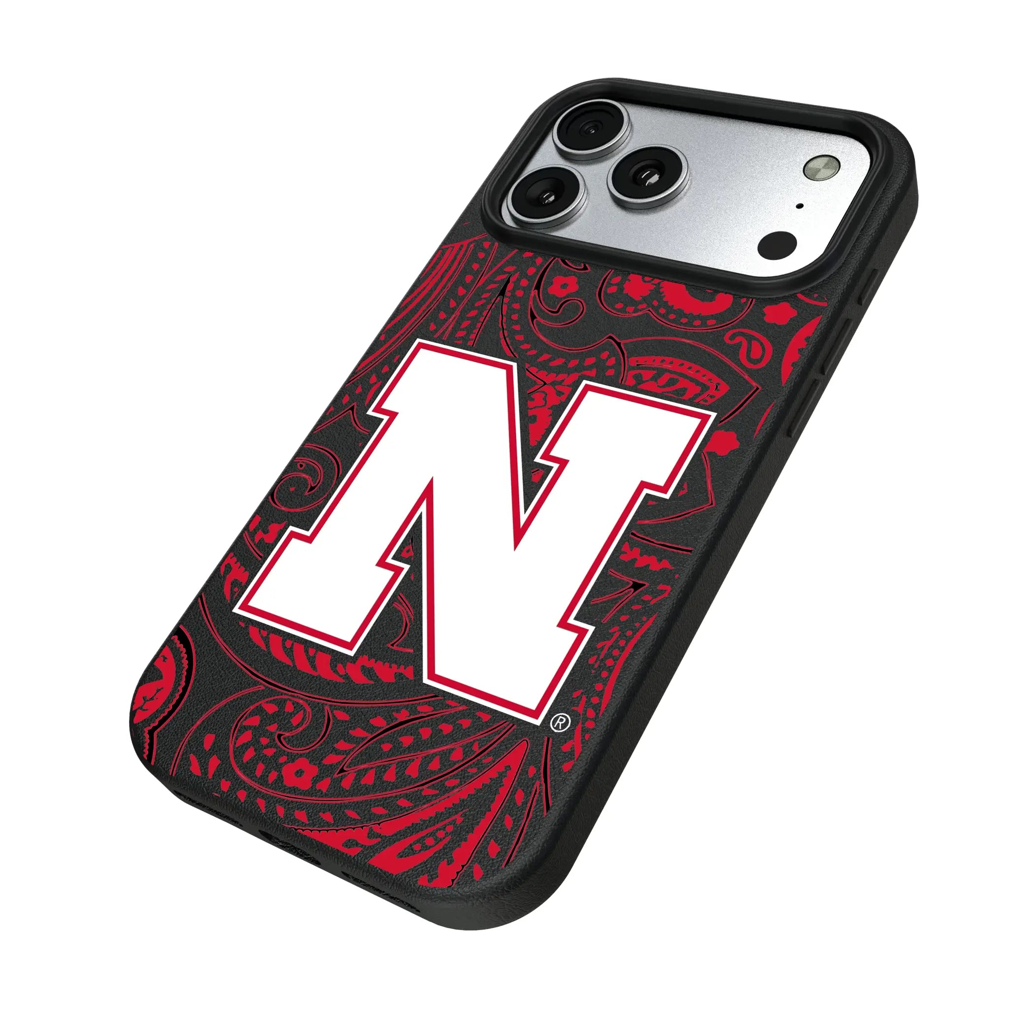 University of Nebraska Huskers Block N Paisley iPhone MagSafe Compatible Phone Case for Apple iPhone - Isometric View#Device_iPhone 17 Pro Max