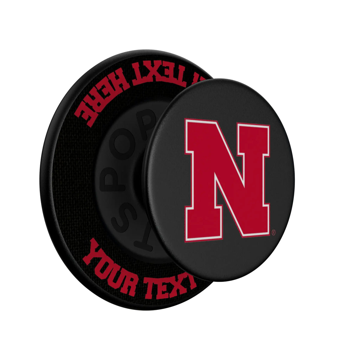 University of Nebraska Huskers Block N Personalized Endzone Solid Popsockets Round Magnetic - Isometric View