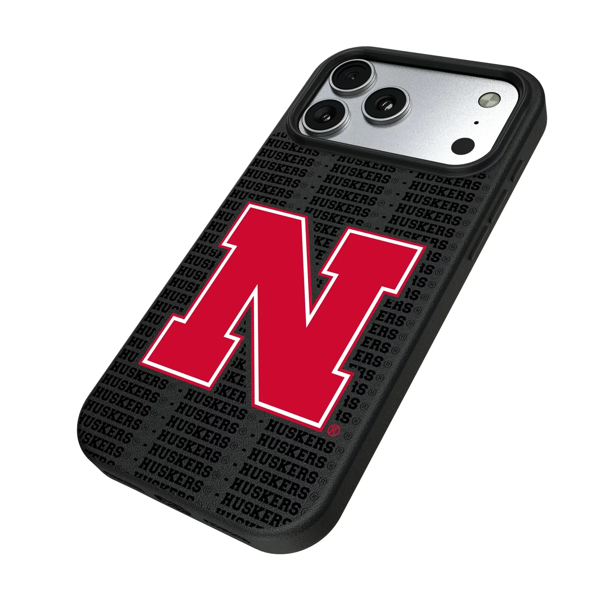 University of Nebraska Huskers Block N Text Backdrop iPhone MagSafe Compatible Phone Case for Apple iPhone - Isometric View#Device_iPhone 17 Pro Max