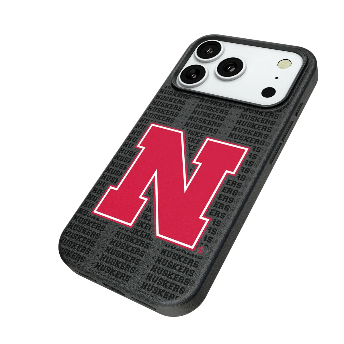 University of Nebraska Huskers Block N Text Backdrop iPhone MagSafe Compatible Phone Case for Apple iPhone - Isometric View#Device_iPhone 18 Pro