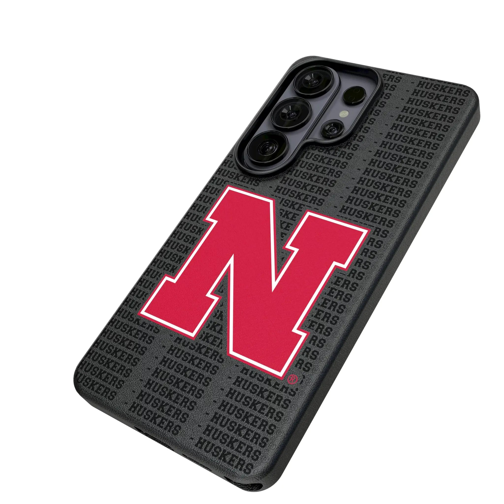 University of Nebraska Huskers Block N Text Backdrop Galaxy MagSafe Compatible Phone Case for Samsung Galaxy - Isometric View#Device_Galaxy S26 Ultra