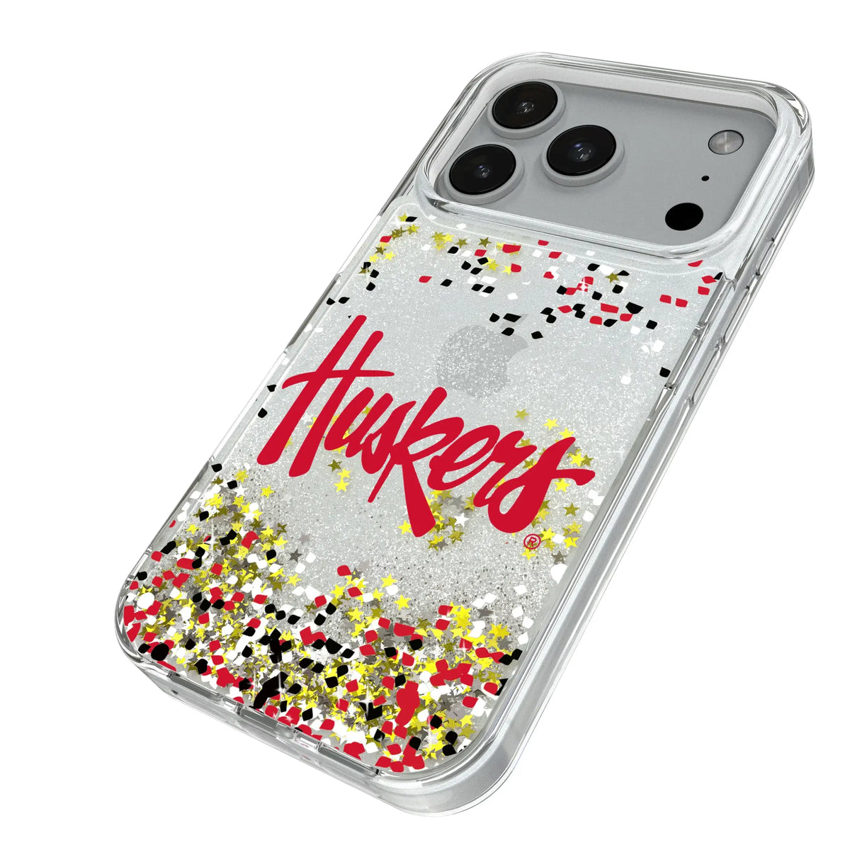 University of Nebraska Huskers Confetti iPhone Glitter Phone Case for Apple iPhone - Isometric View#Device_iPhone 18 Pro