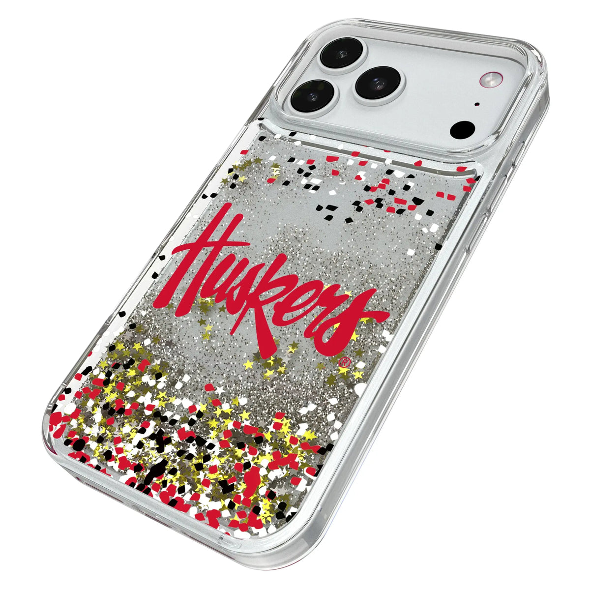 University of Nebraska Huskers Confetti iPhone Glitter Phone Case for Apple iPhone - Isometric View#Device_iPhone 18 Pro Max