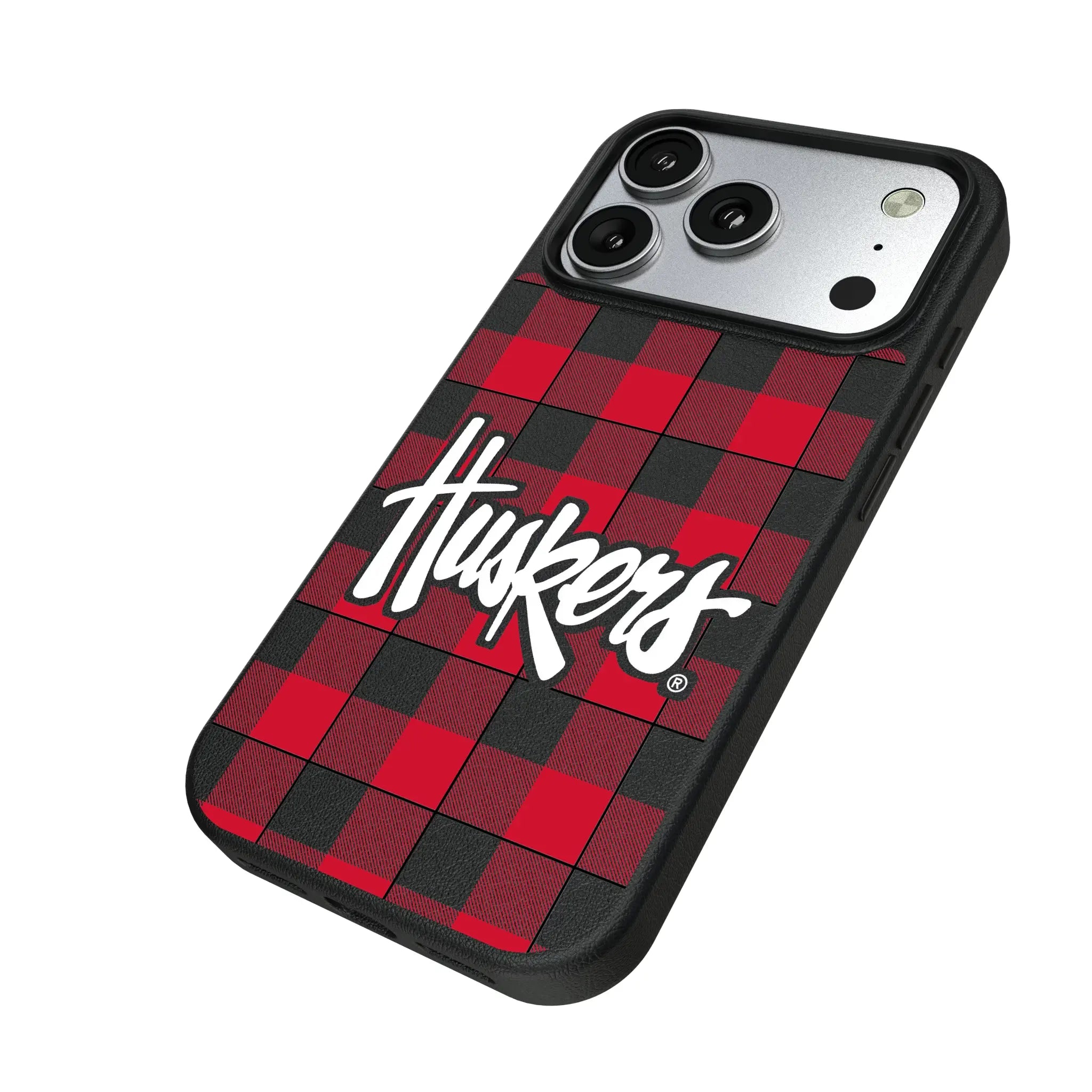University of Nebraska Huskers Plaid iPhone MagSafe Compatible Phone Case for Apple iPhone - Isometric View#Device_iPhone 17 Pro