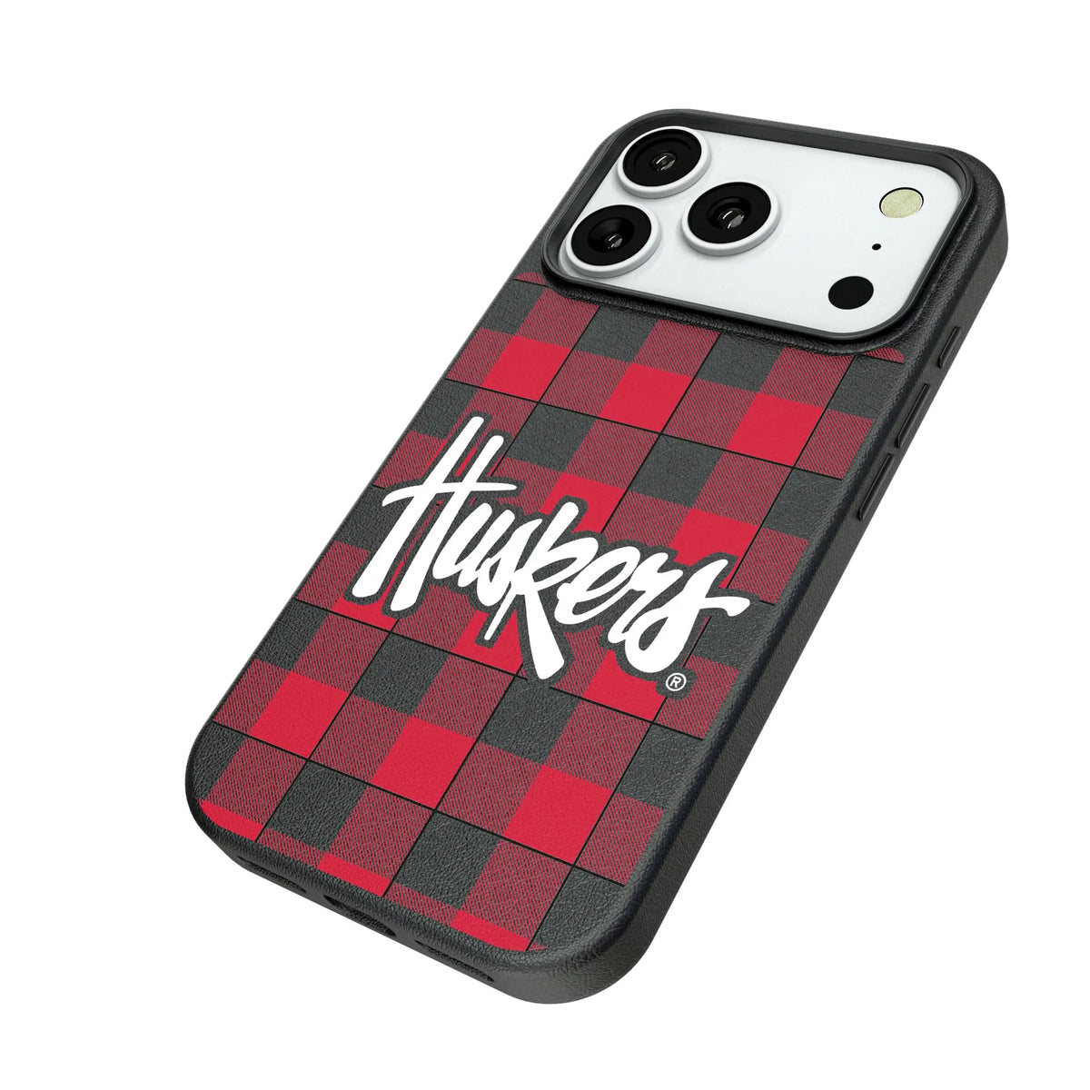 University of Nebraska Huskers Plaid iPhone MagSafe Compatible Phone Case for Apple iPhone - Isometric View#Device_iPhone 18 Pro