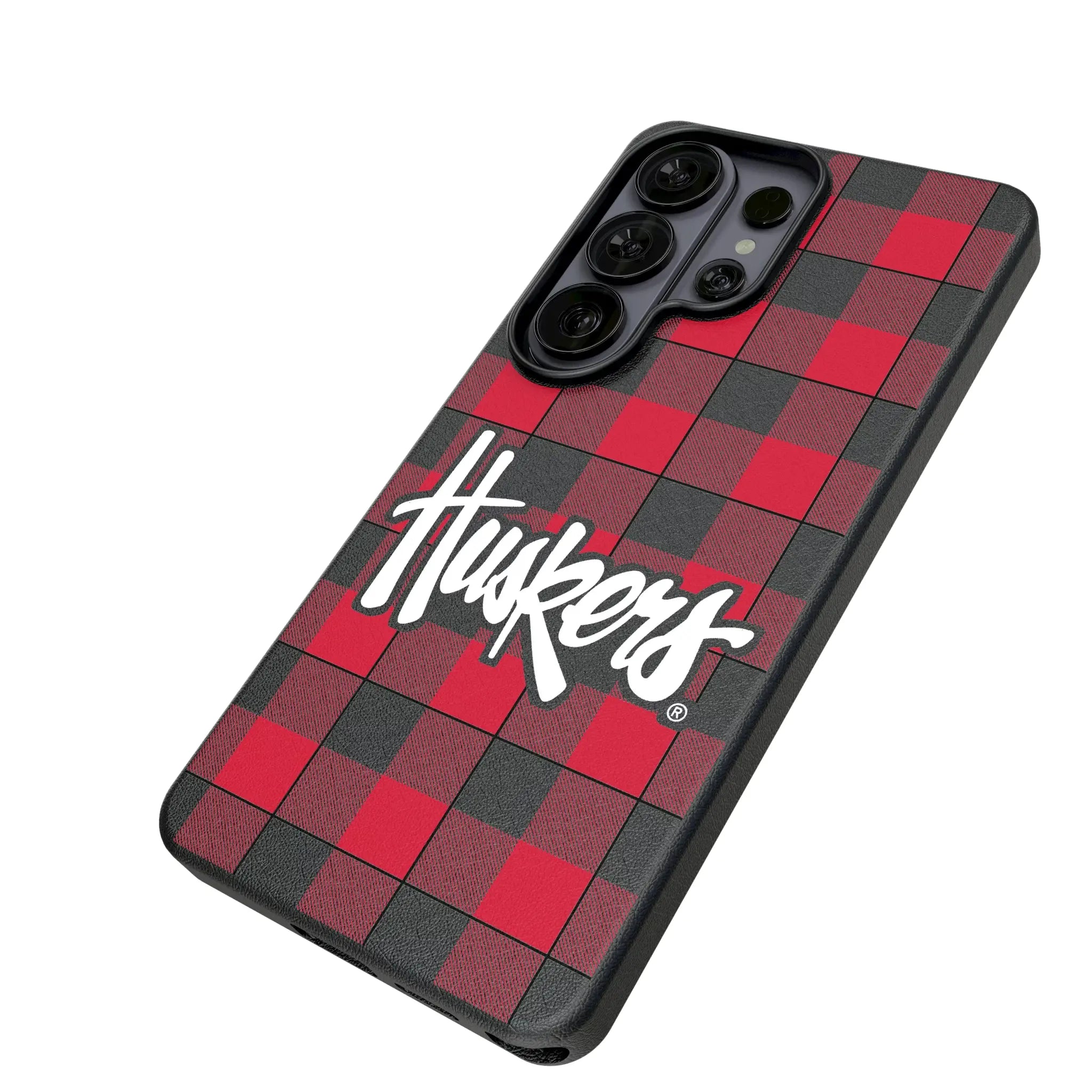 University of Nebraska Huskers Plaid Galaxy MagSafe Compatible Phone Case for Samsung Galaxy - Isometric View#Device_Galaxy S26 Ultra