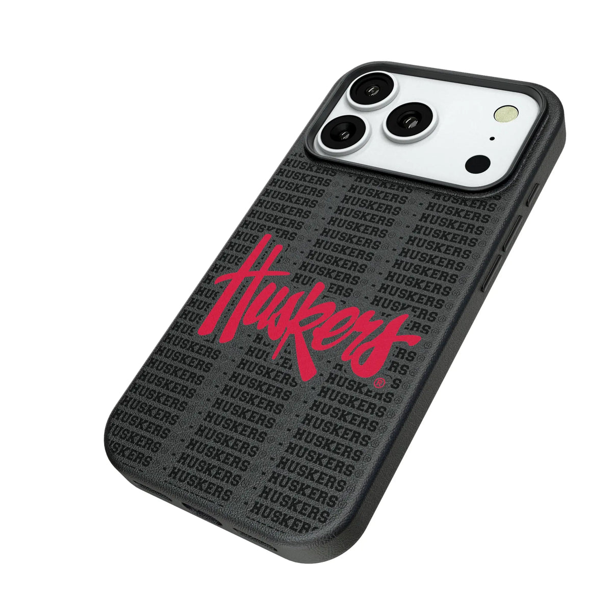 University of Nebraska Huskers Text Backdrop iPhone MagSafe Compatible Phone Case for Apple iPhone - Isometric View#Device_iPhone 18 Pro