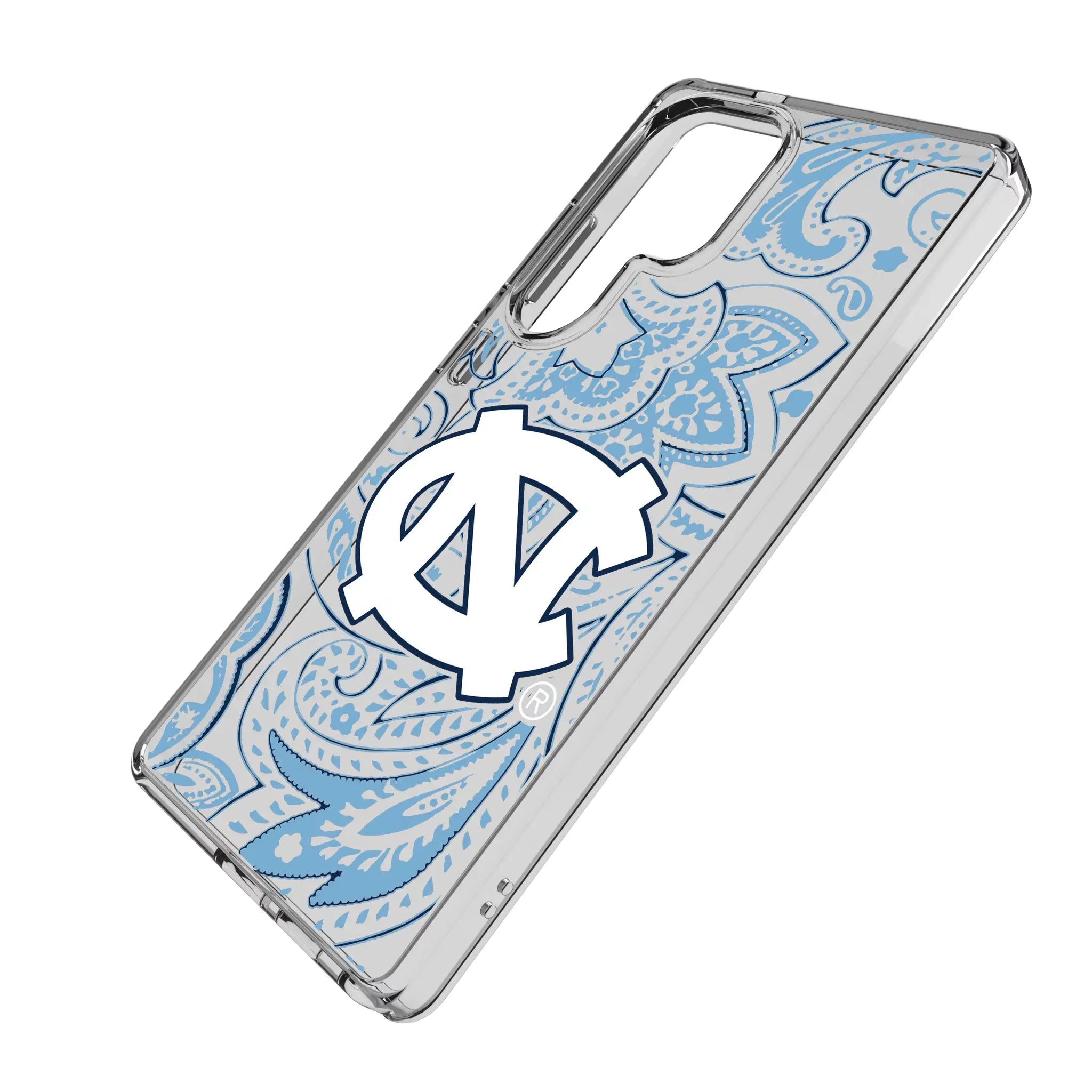 University of North Carolina Tar Heels Paisley Galaxy Clear Phone Case for Samsung Galaxy - Isometric View#Device_Galaxy S25 Ultra