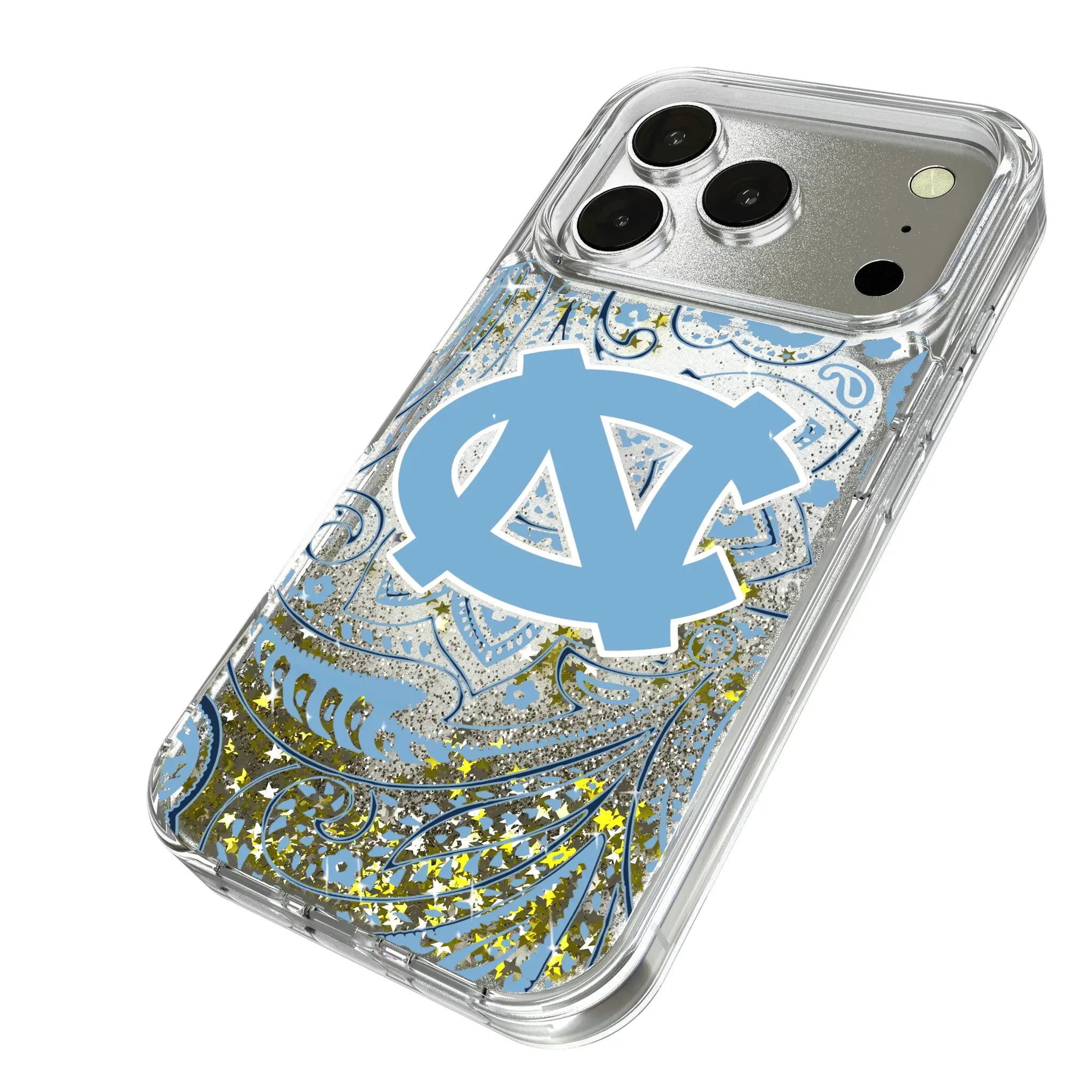 University of North Carolina Tar Heels Paisley iPhone Glitter Phone Case for Apple iPhone - Isometric View