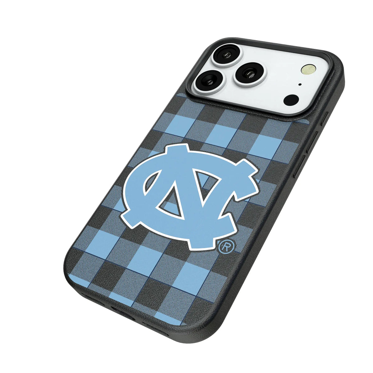University of North Carolina Tar Heels Plaid iPhone MagSafe Compatible Phone Case for Apple iPhone - Isometric View#Device_iPhone 18 Pro