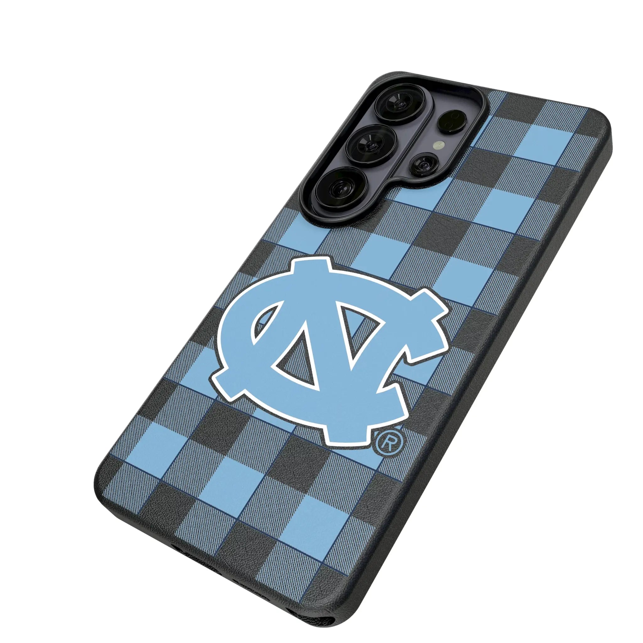 University of North Carolina Tar Heels Plaid Galaxy MagSafe Compatible Phone Case for Samsung Galaxy - Isometric View#Device_Galaxy S26 Ultra