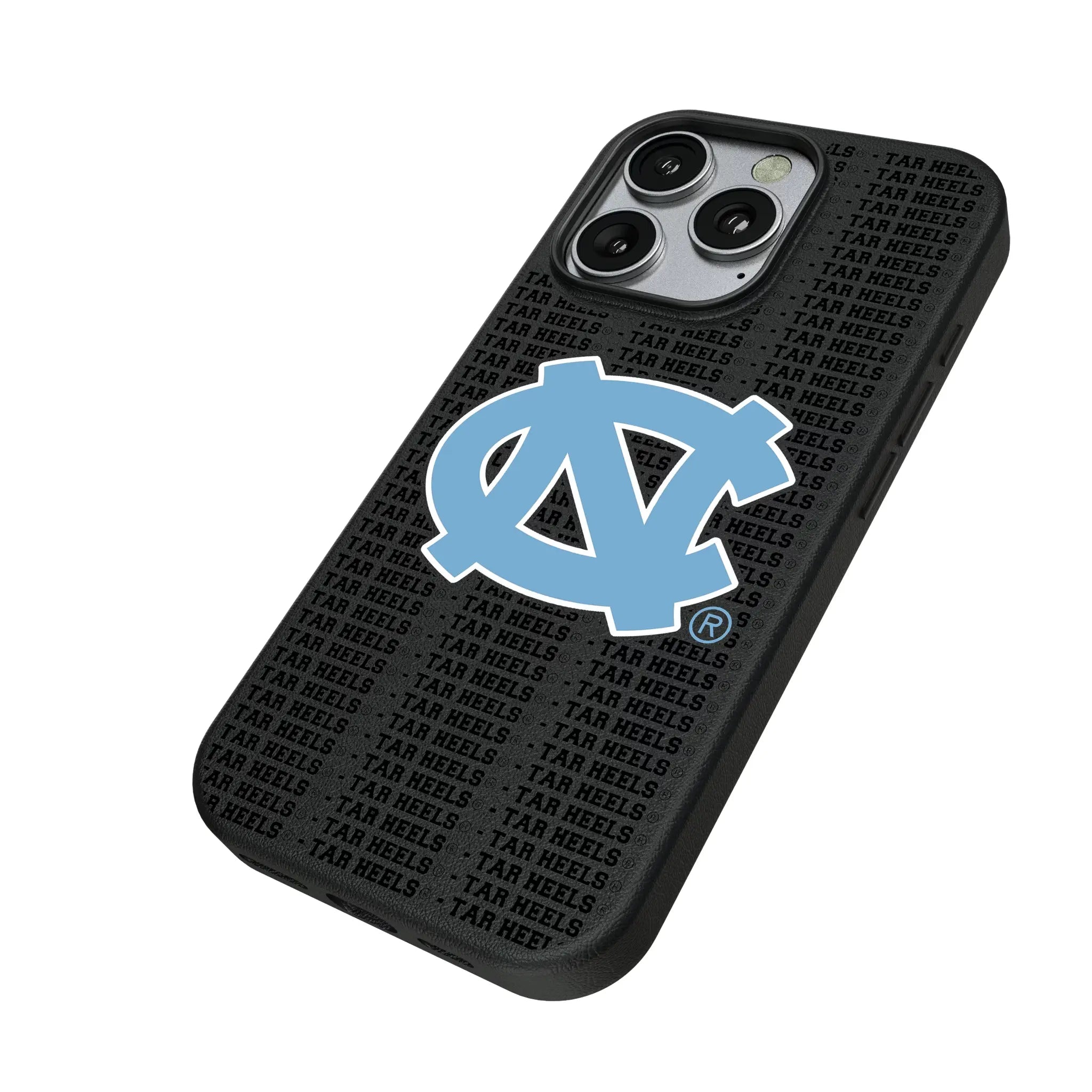 University of North Carolina Tar Heels Text Backdrop iPhone MagSafe Compatible Phone Case for Apple iPhone - Isometric View