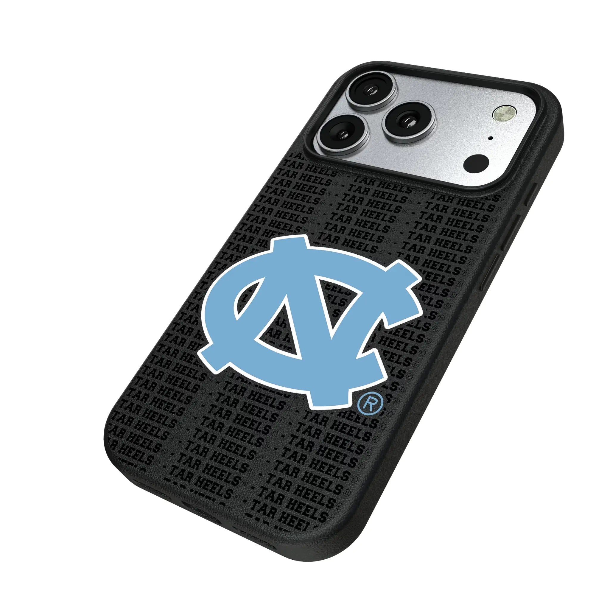 University of North Carolina Tar Heels Text Backdrop iPhone MagSafe Compatible Phone Case for Apple iPhone - Isometric View#Device_iPhone 17 Pro