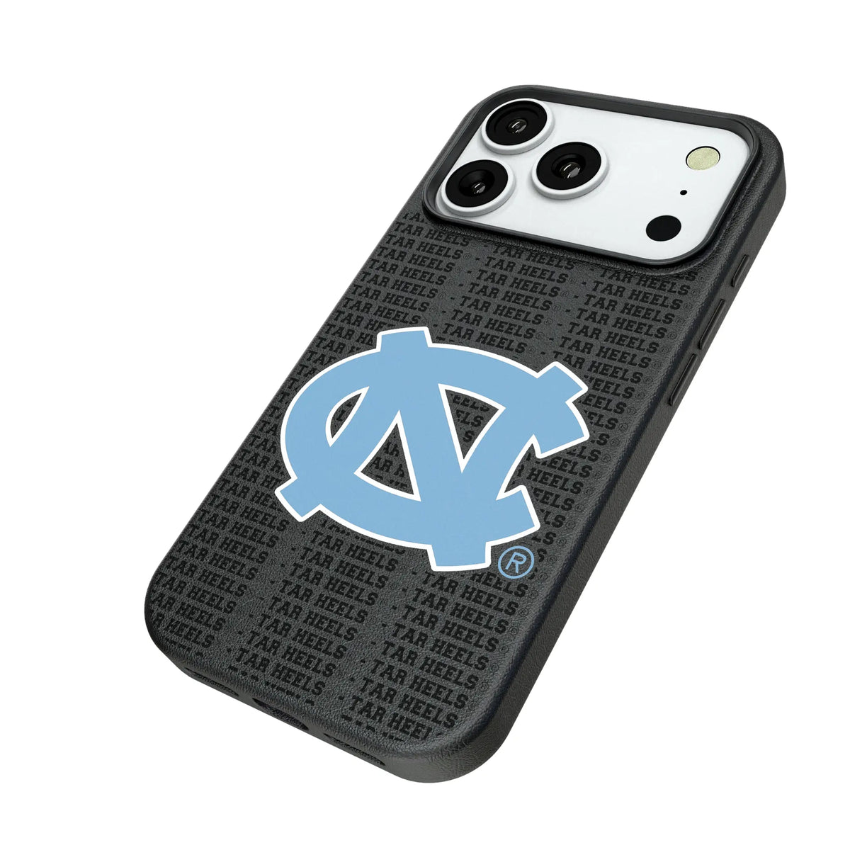University of North Carolina Tar Heels Text Backdrop iPhone MagSafe Compatible Phone Case for Apple iPhone - Isometric View#Device_iPhone 18 Pro